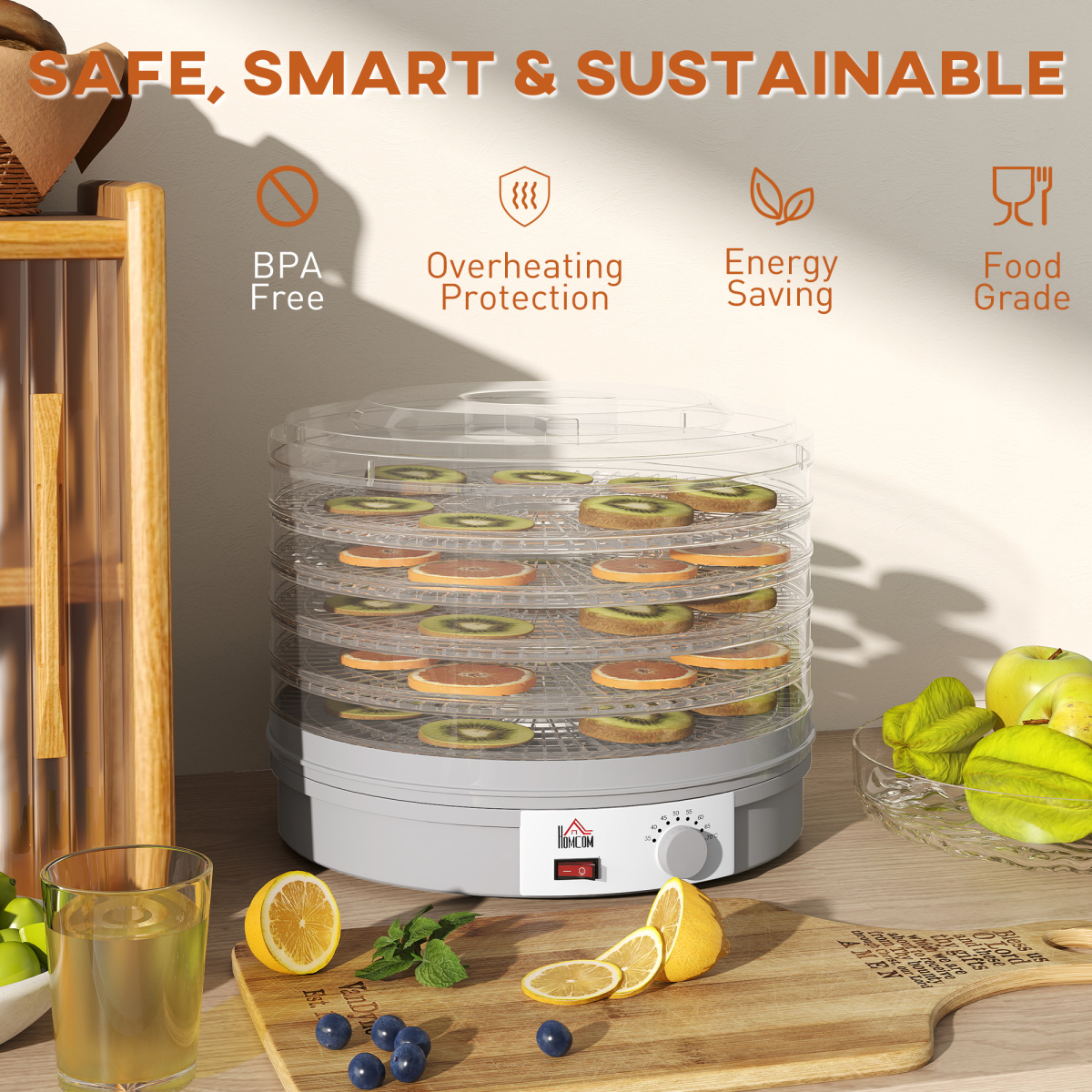 HOMCOM 5-Tier Food Dehydrator, Adjustable 35-70°C, Grey