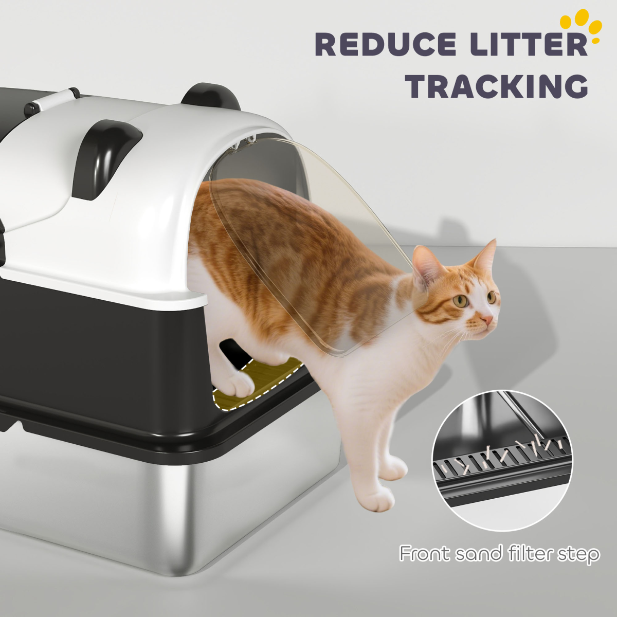 PawHut XL Stainless Steel Enclosed Cat Litter Box with Lid, Panda Style