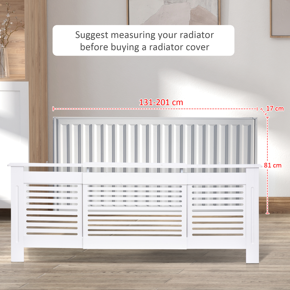 HOMCOM Extendable White Painted MDF Radiator Cover with Slatted Vent Design and Top Shelf