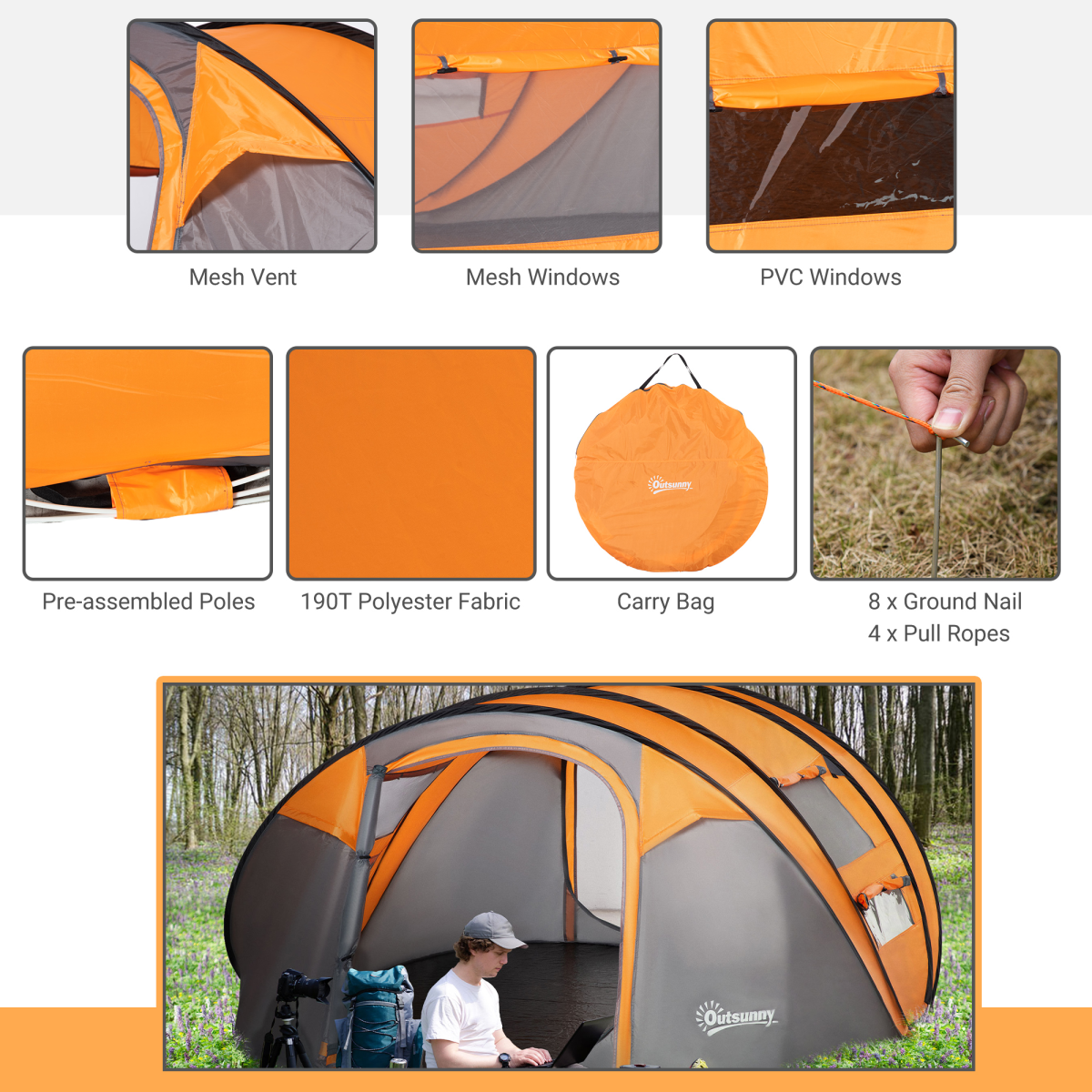 4-5 Person Pop-Up Dome Camping Tent with Windows, Orange