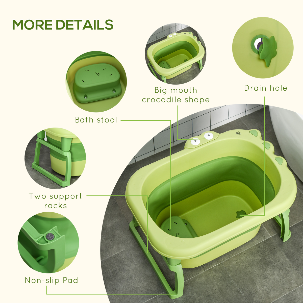 Foldable Baby Bathtub with Stool for 0-6 Years - Green