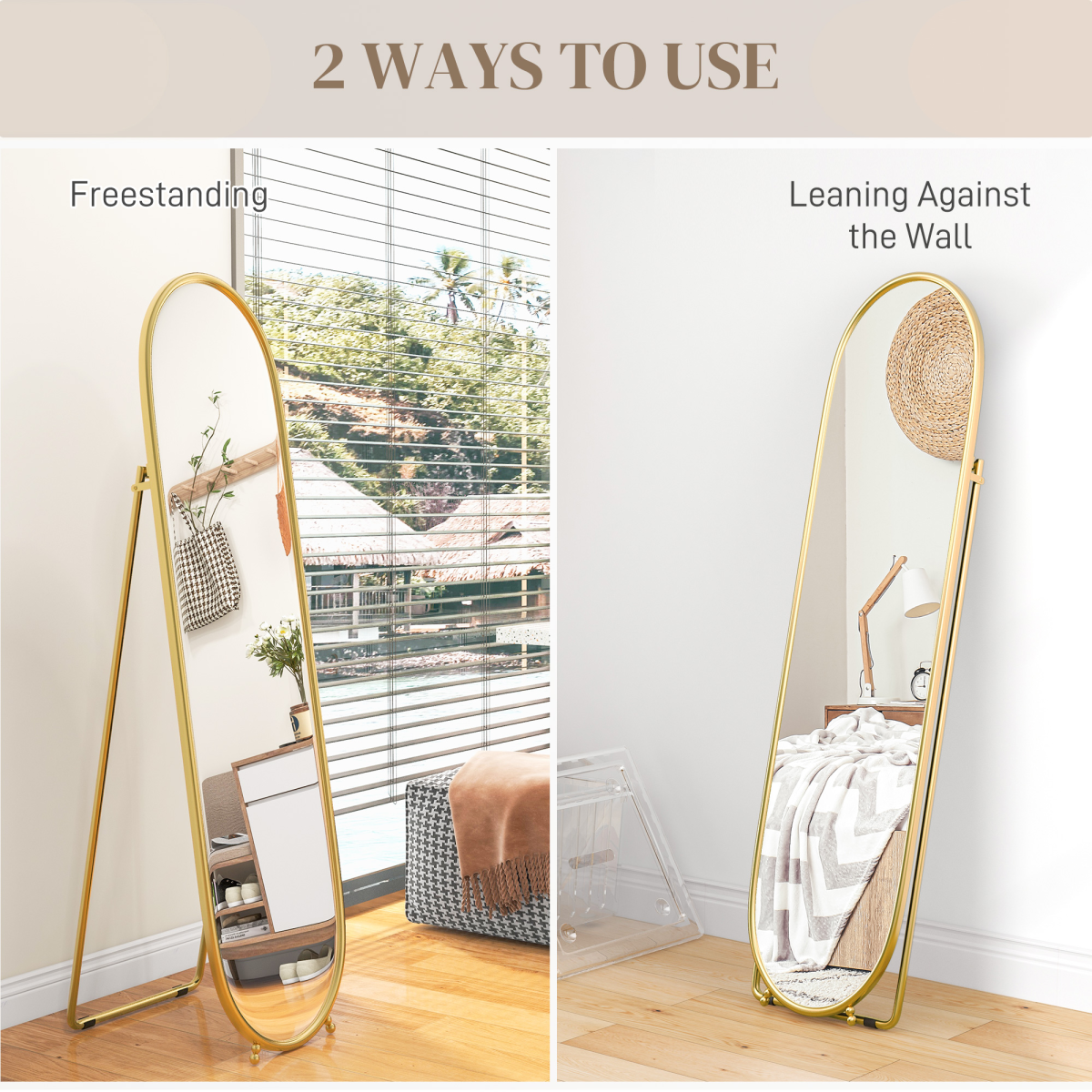 HOMCOM Oval Full Length Mirror with Metal Frame, Gold Tone