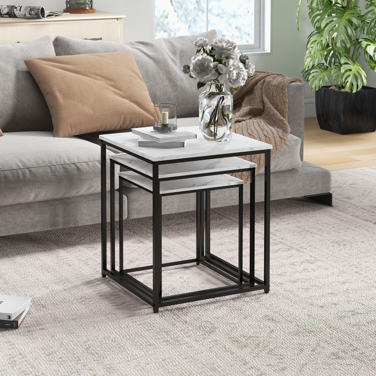 HOMCOM Set of 3 Nesting Coffee Tables, White Marble Effect