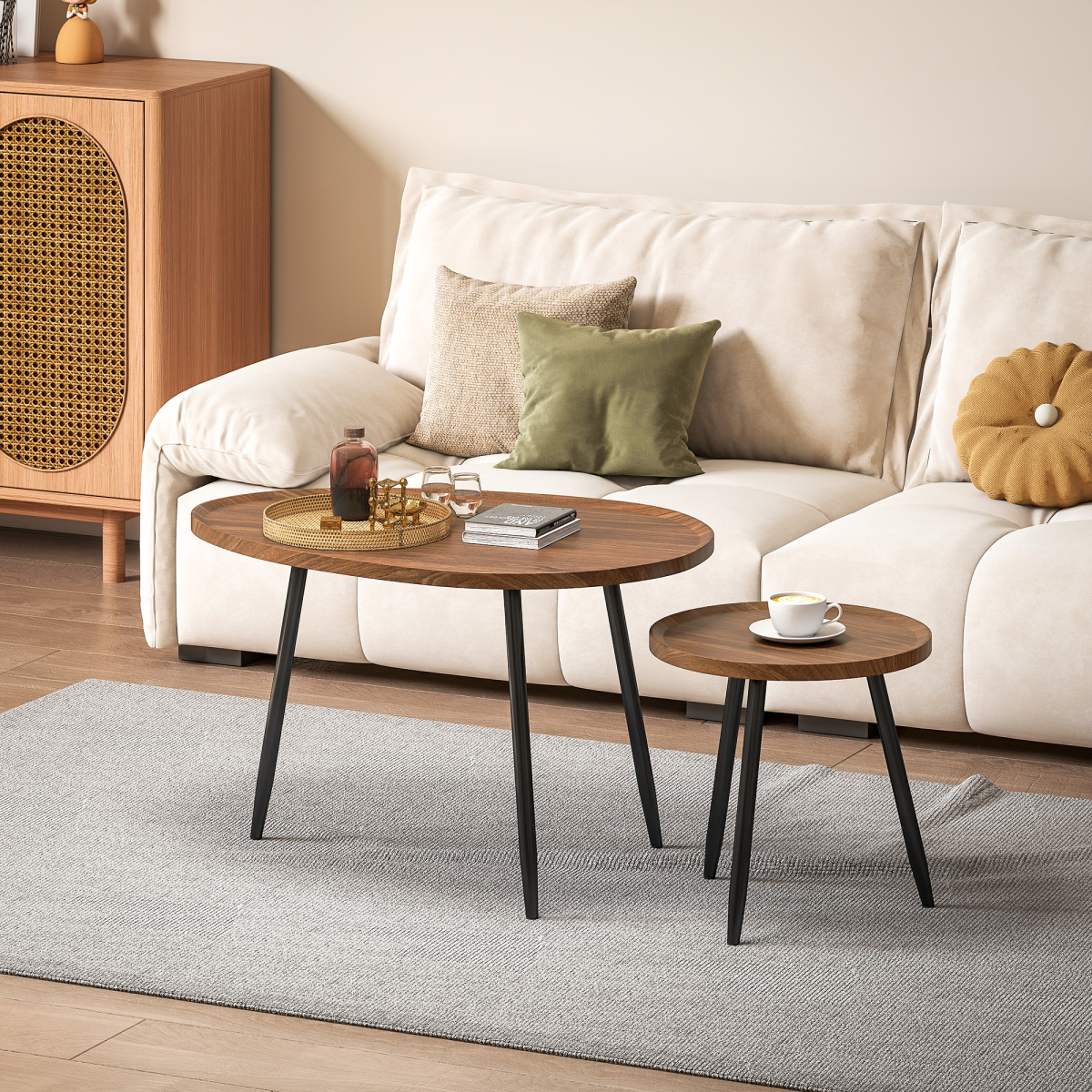 HOMCOM Set of 2 Nesting Side Tables, Chestnut Wood Effect, Metal Legs