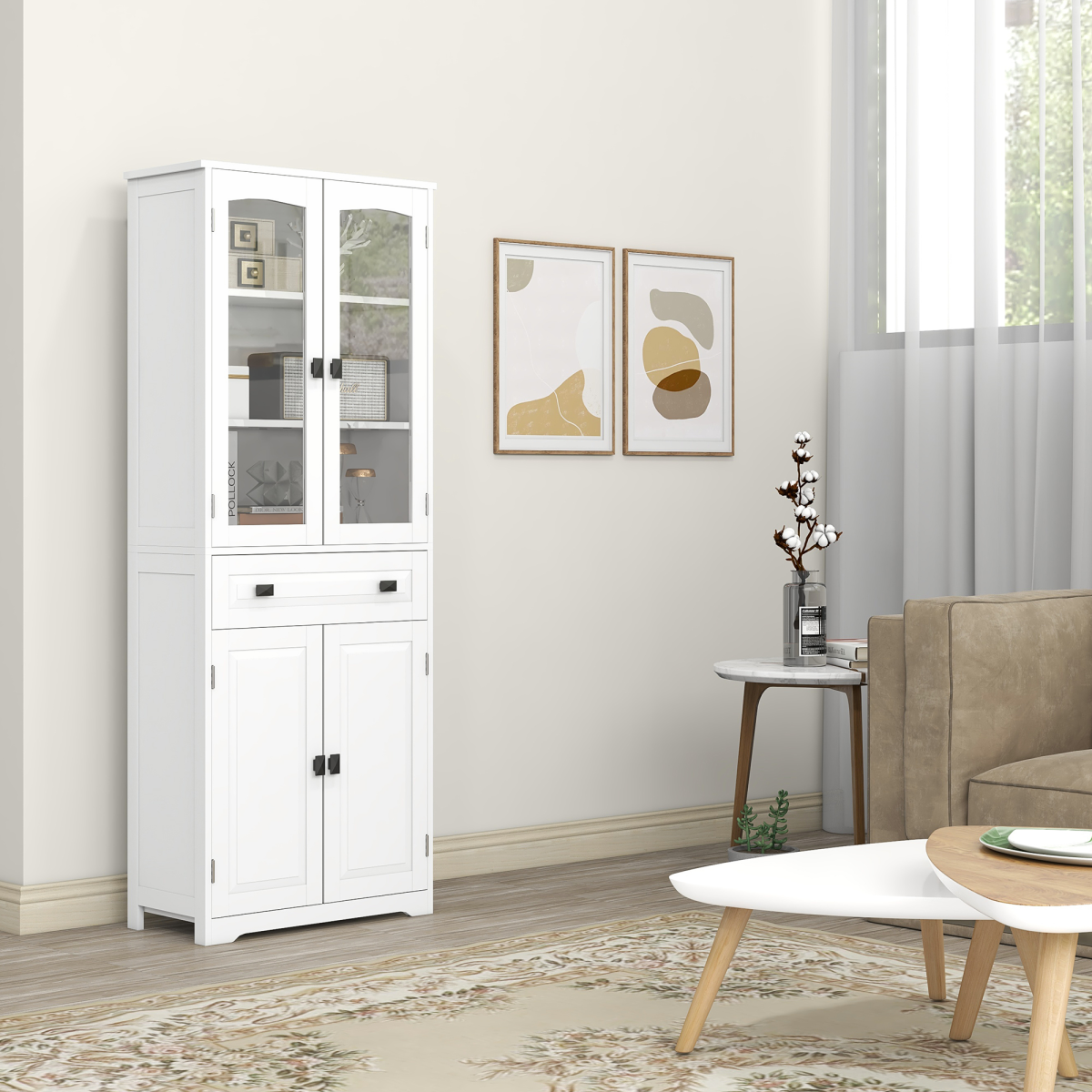 HOMCOM Kitchen Storage Cabinet with Adjustable Shelves, Glass Door, 160cm