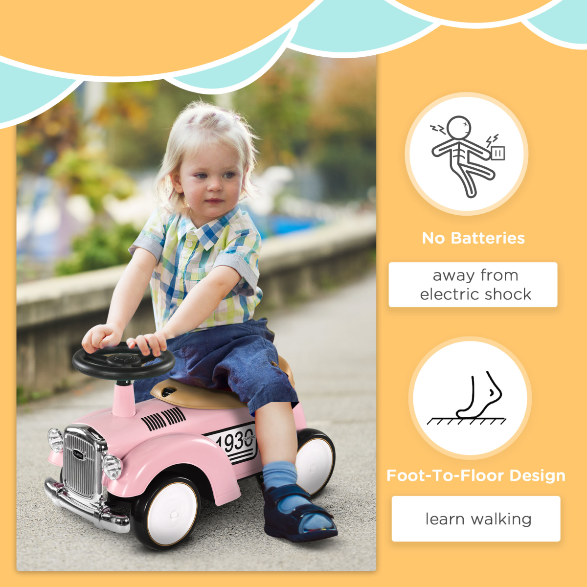 AIYAPLAY Foot To Floor Slider with Steering Wheel for 12-36 Months Pink