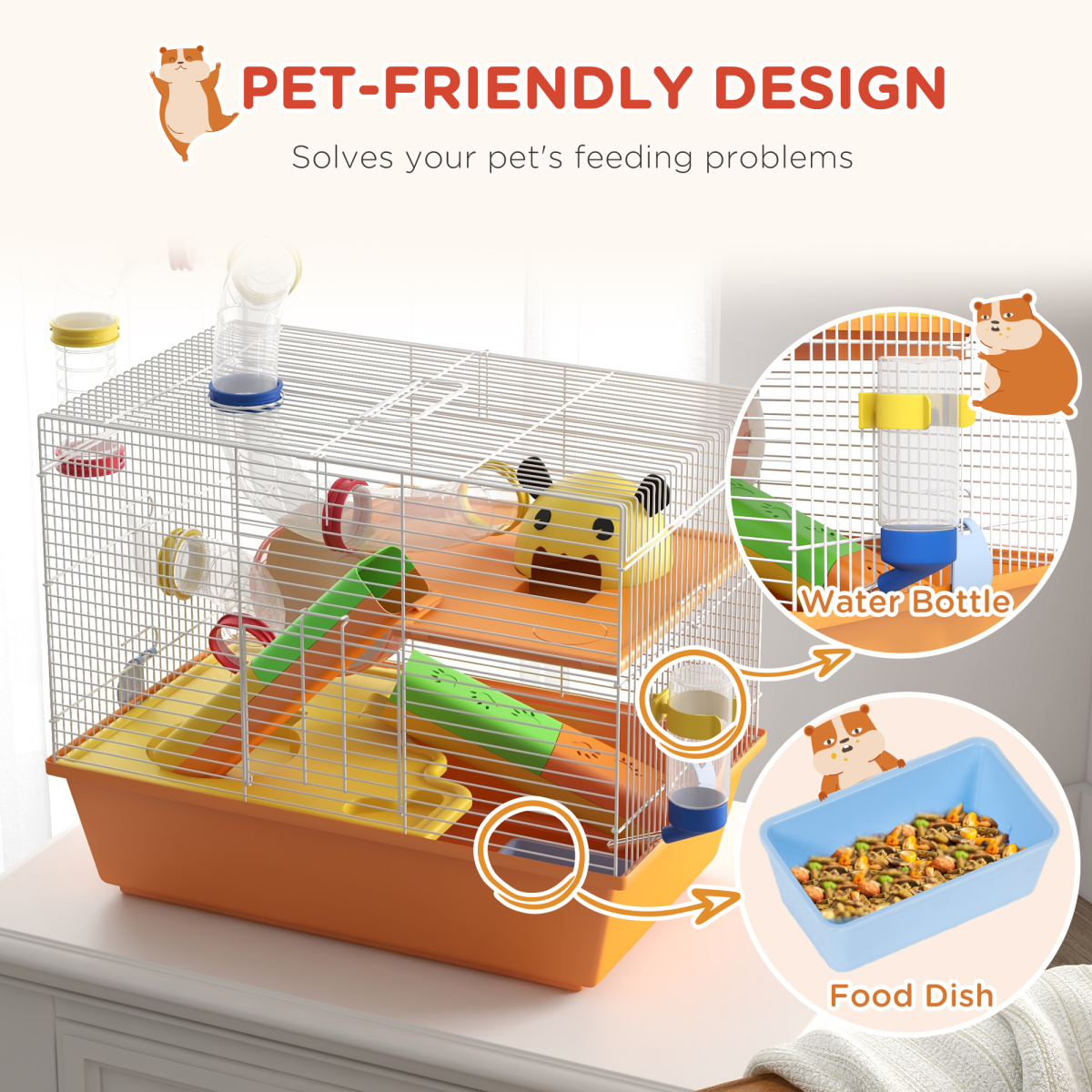 PawHut 3-Tier Hamster & Gerbil Cage with Wheel, Ramp, Dish & Bottle