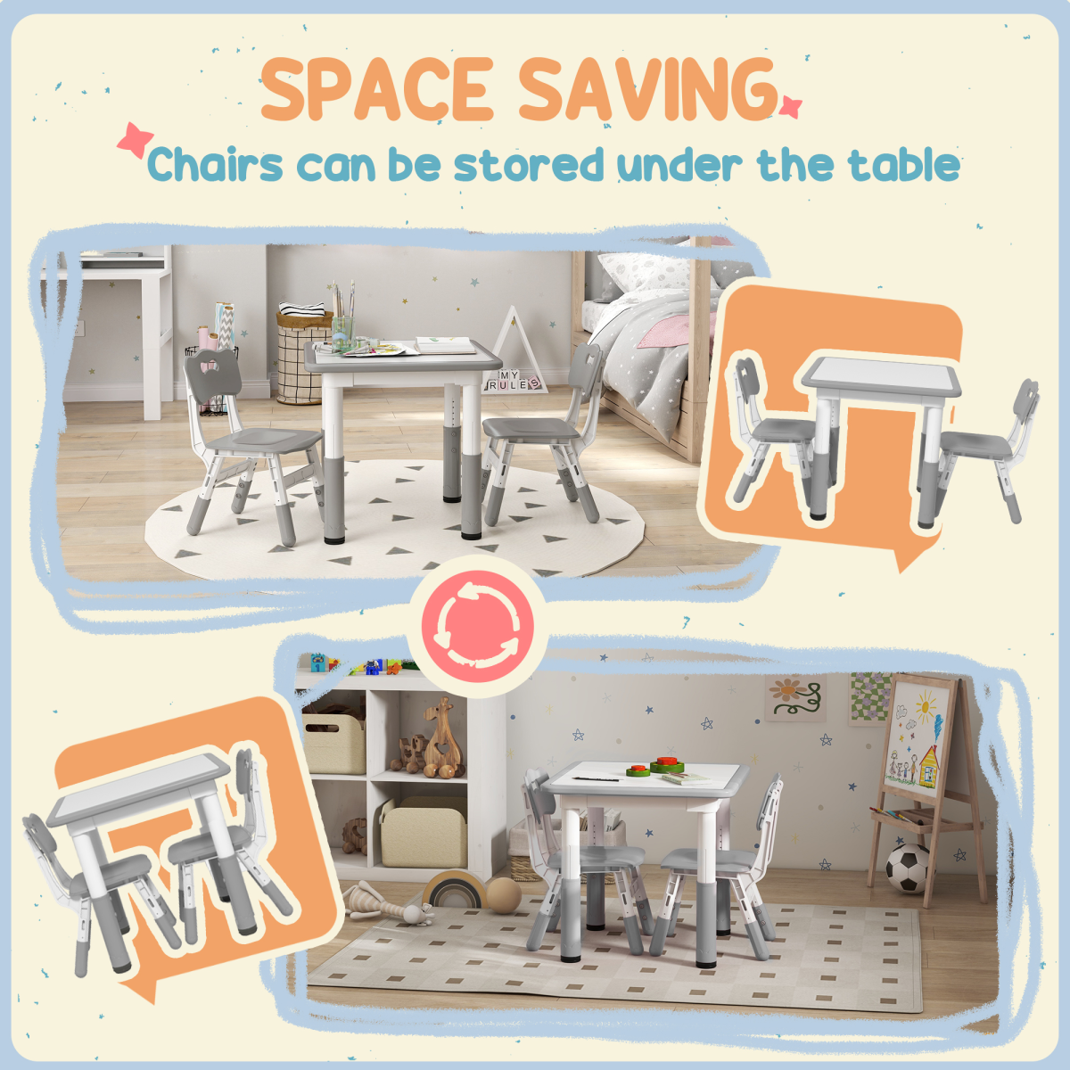 AIYAPLAY 3-Piece Height Adjustable Kids Table and Chair Set, Grey