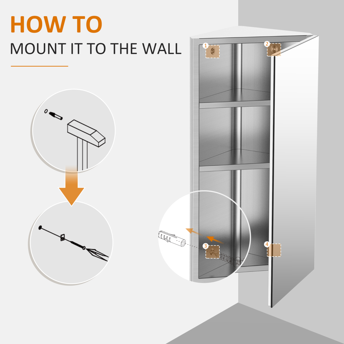HOMCOM Stainless Steel Floating Corner Bathroom Cabinet with Mirror
