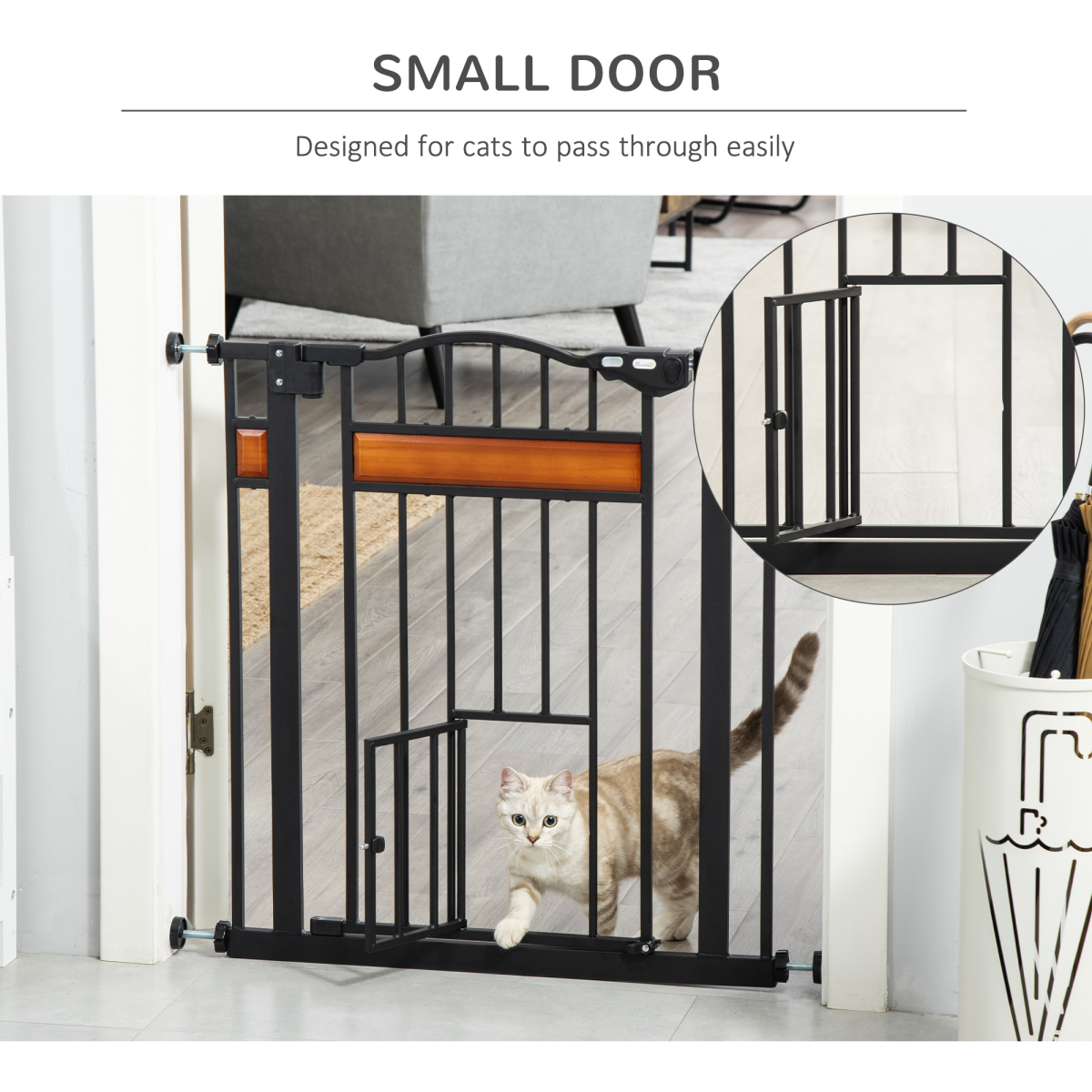 PawHut Dog Safety Gate with Cat Door, Auto-Close, Steel Frame, Pine Decor, 74-80 cm Wide