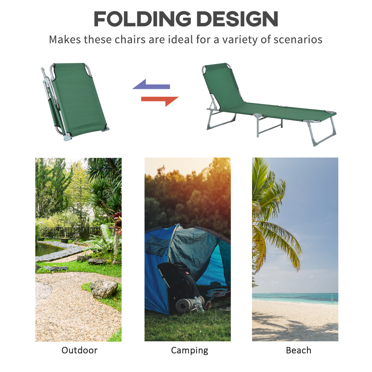 Adjustable Folding Camping Cot Recliner, Portable, Green