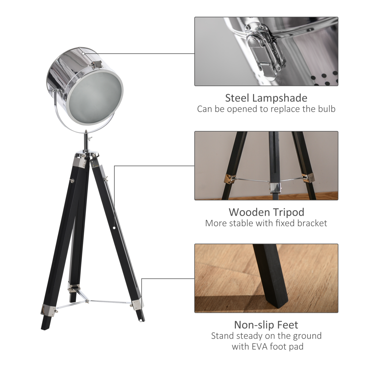 Industrial Adjustable Tripod Floor Lamp with Rotating Searchlight Head
