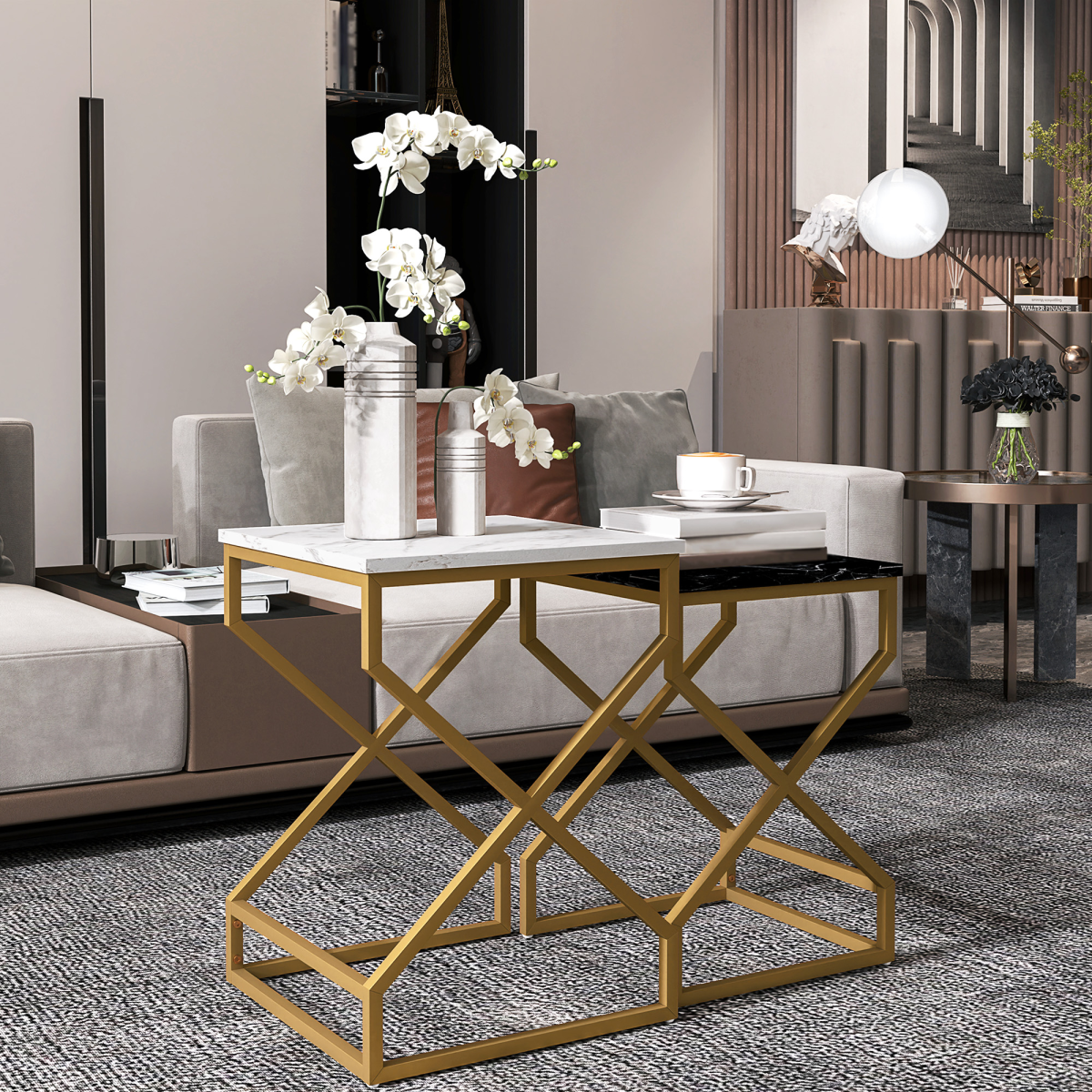 HOMCOM Nesting Coffee Tables Set, Marble-Effect Tops, Steel Frame, Black/White/Gold