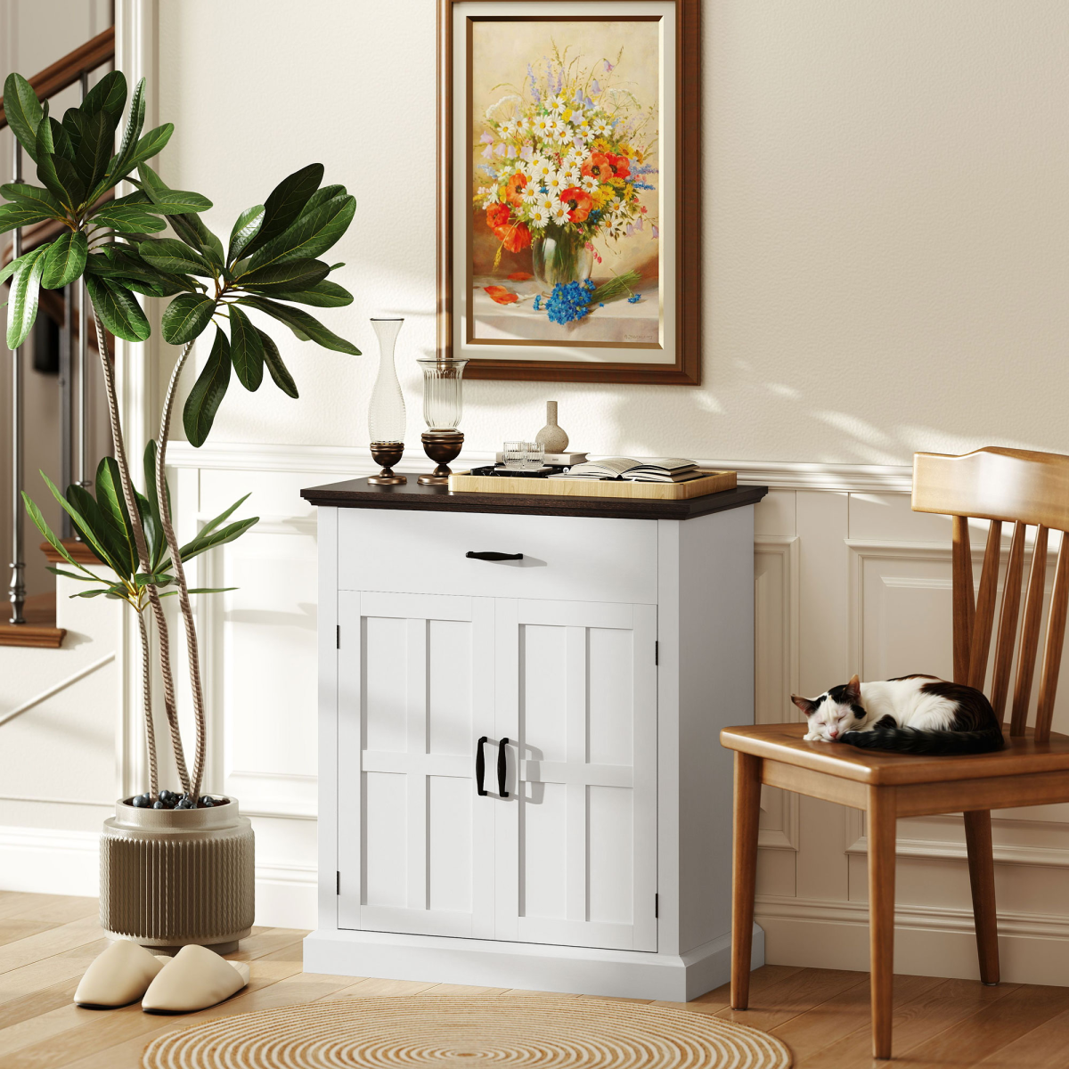 HOMCOM White Sideboard Cabinet with Barn Doors and Thick Top