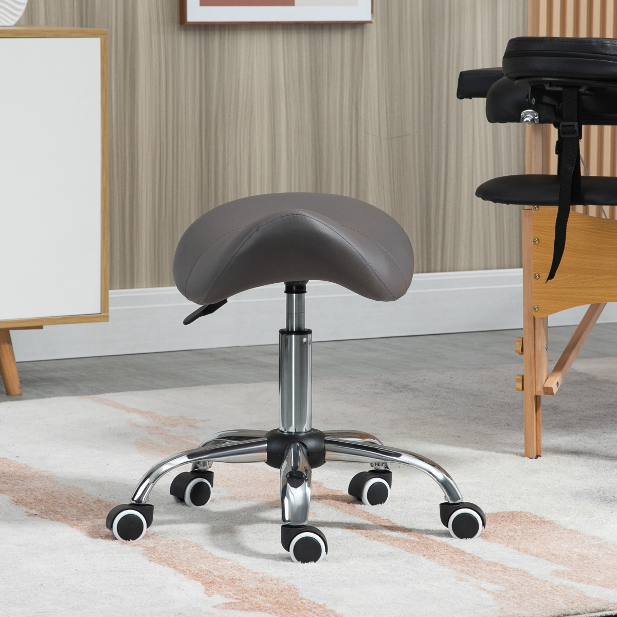 HOMCOM Grey Adjustable Saddle Stool with Padded Faux Leather Seat