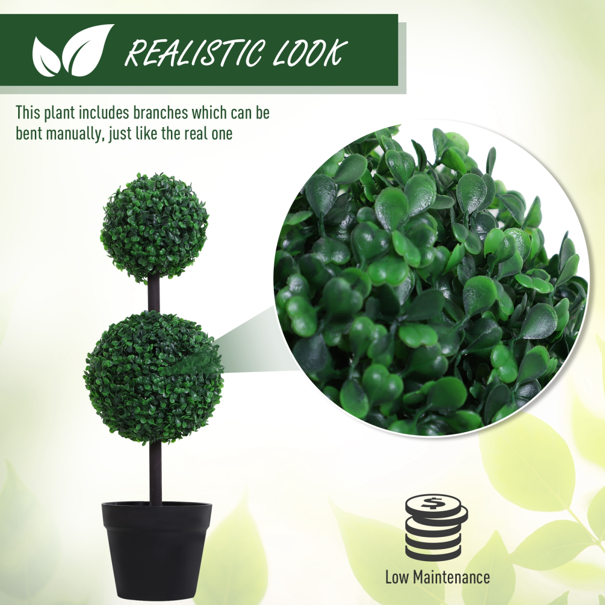 Set of 2 Artificial Boxwood Ball Topiary Trees, Green, PE Plants