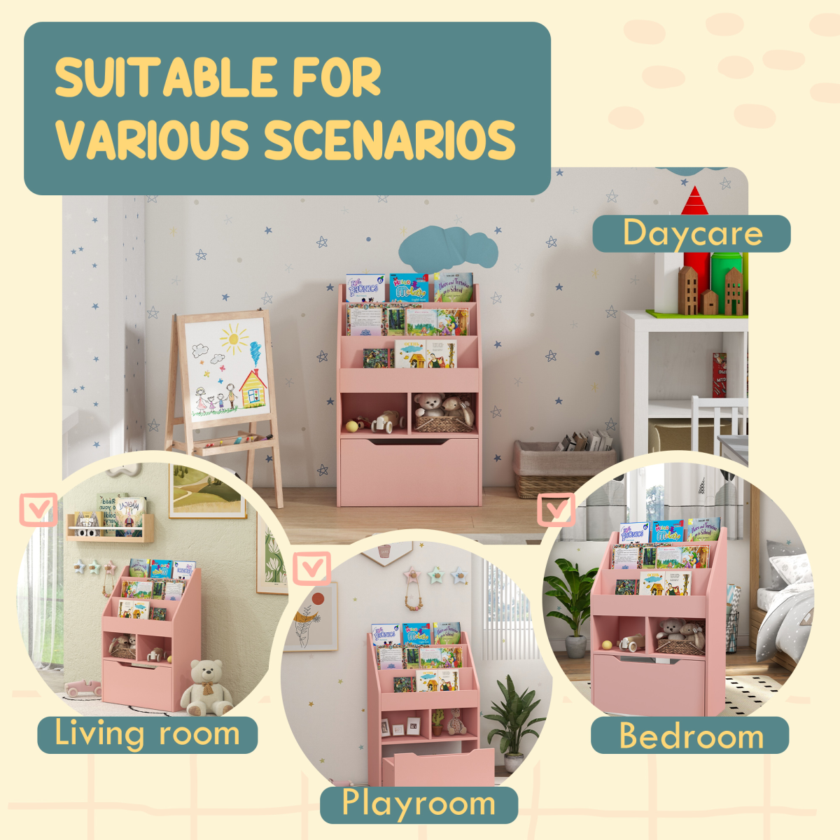 HOMCOM Kids Bookcase with Toy Storage, Drawer & Wheels, Pink