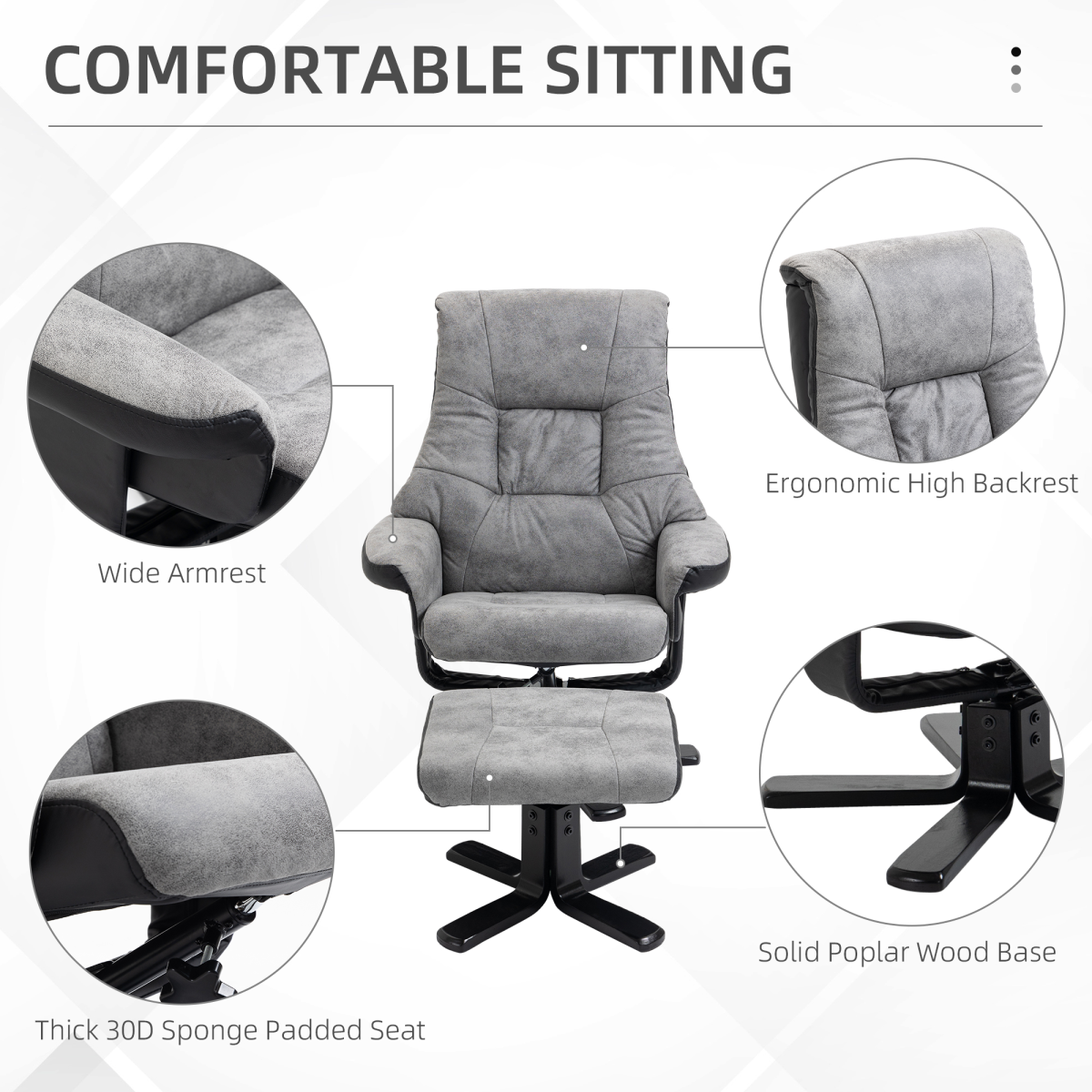 Manual Recliner Swivel Chair with Footstool, Grey Faux Leather