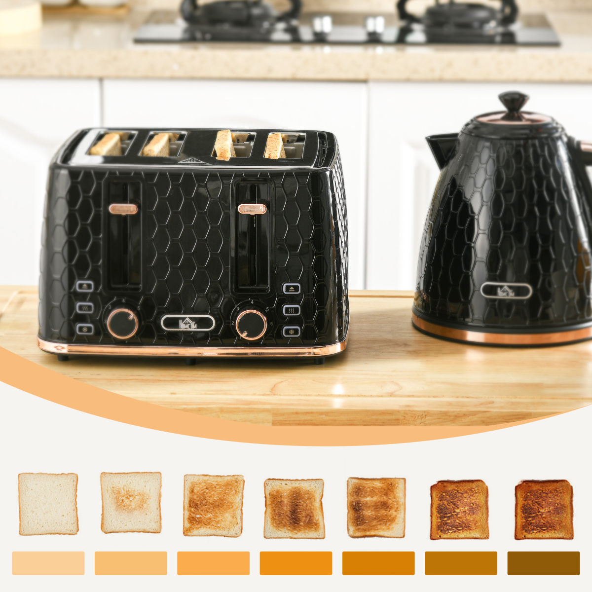 HOMCOM 1.7L Kettle and 4-Slice Toaster Set, Black, Defrost & Reheat