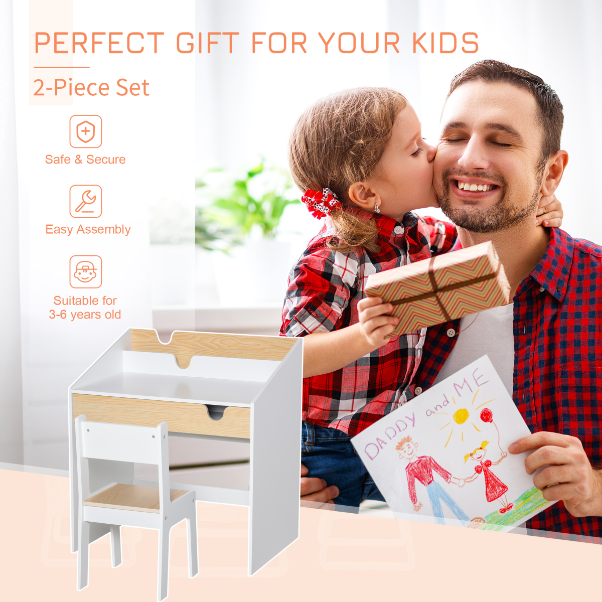 Two-Piece Kids Desk and Chair Set Children Study Table w/ Storage