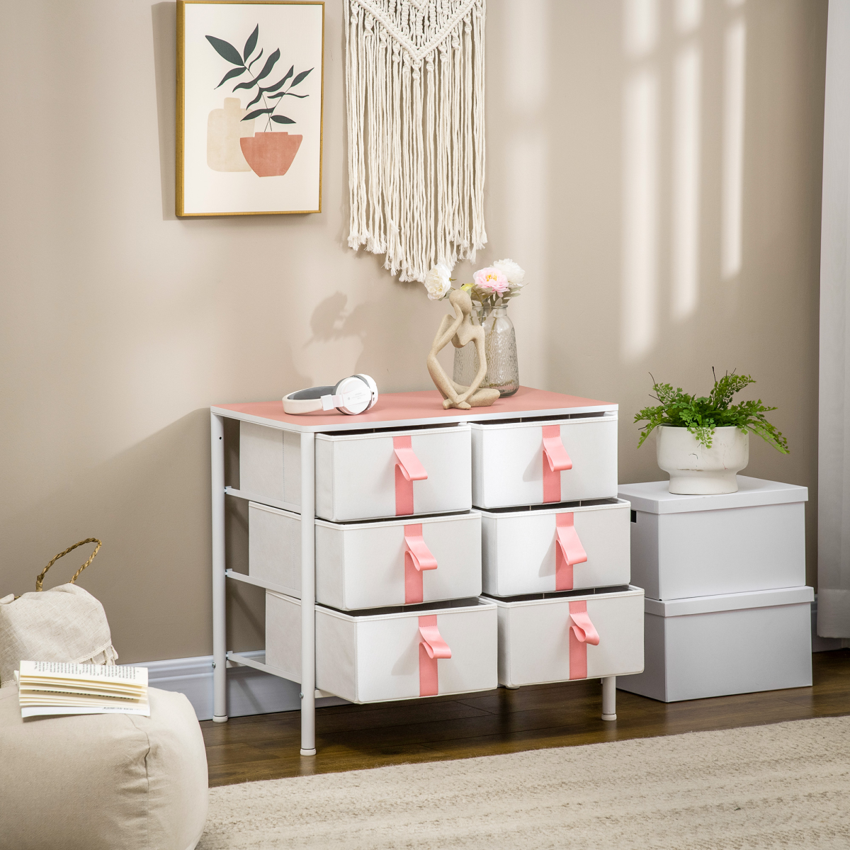 6-Drawer Fabric Chest Organizer with Metal Frame and Wood Top for Nursery Room