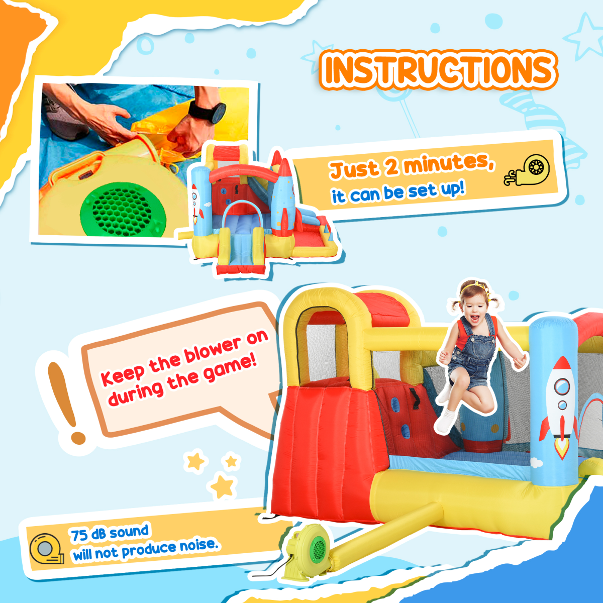 Inflatable Bouncy Castle with Slide, Pool, Trampoline & Blower