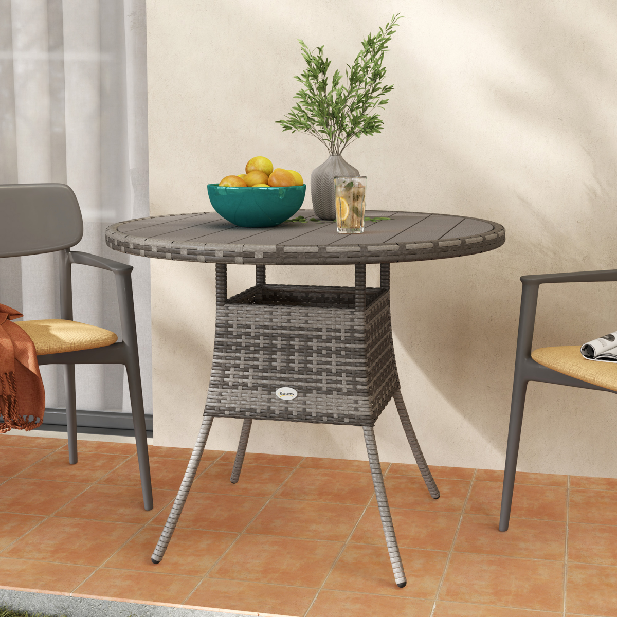 Outsunny Grey PE Rattan Outdoor Dining Table with Wood-Plastic Top
