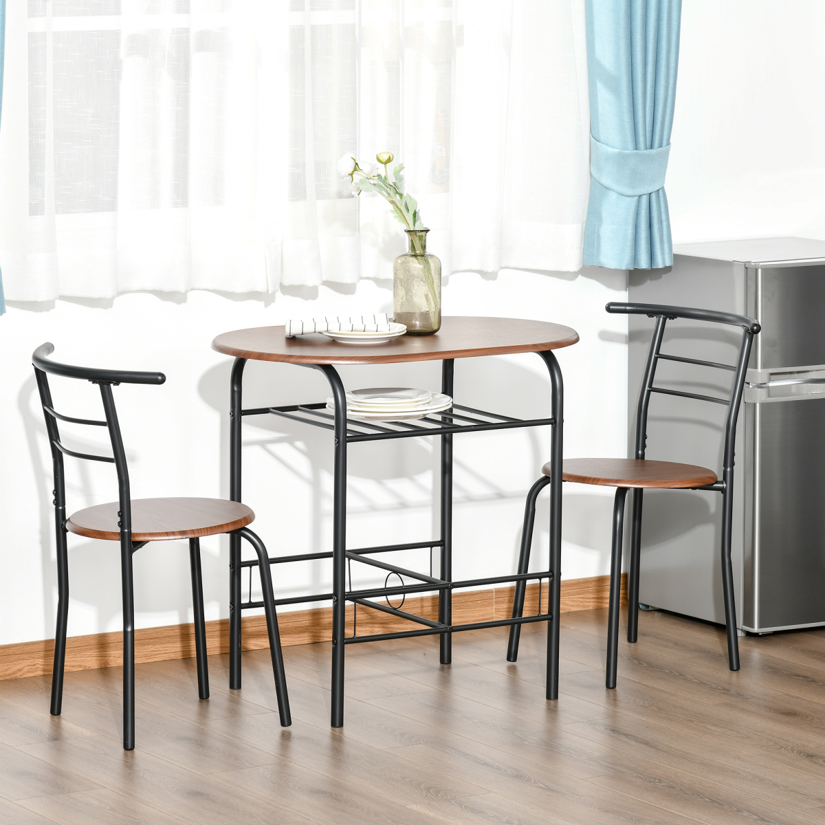 HOMCOM 3-Piece MDF Bar Table and 2 Stool Set with Bottle Storage Shelf, Wood Tone