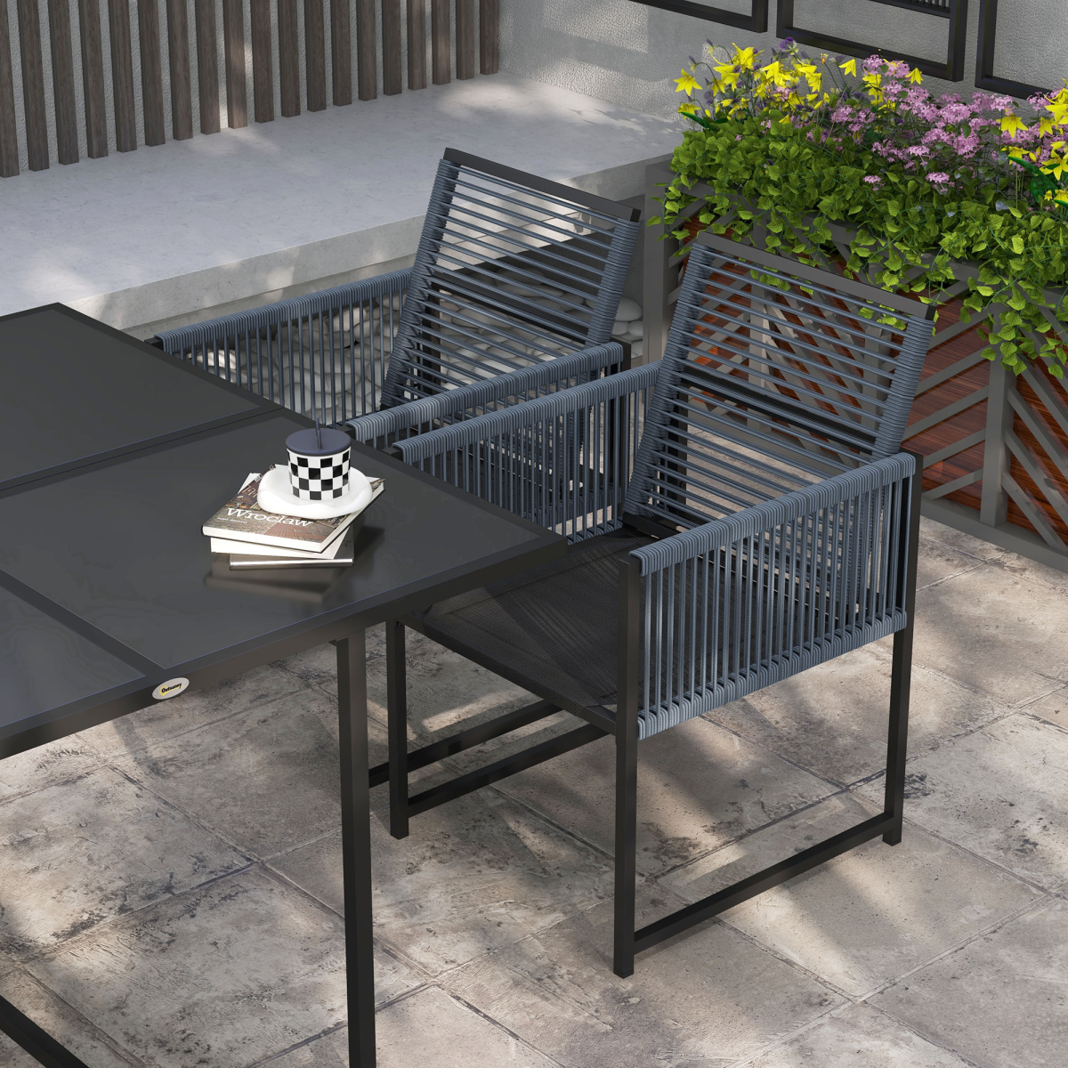 Outsunny 5 Piece Patio Dining Set with 4 Chairs and Tempered Glass Table, Dark Grey