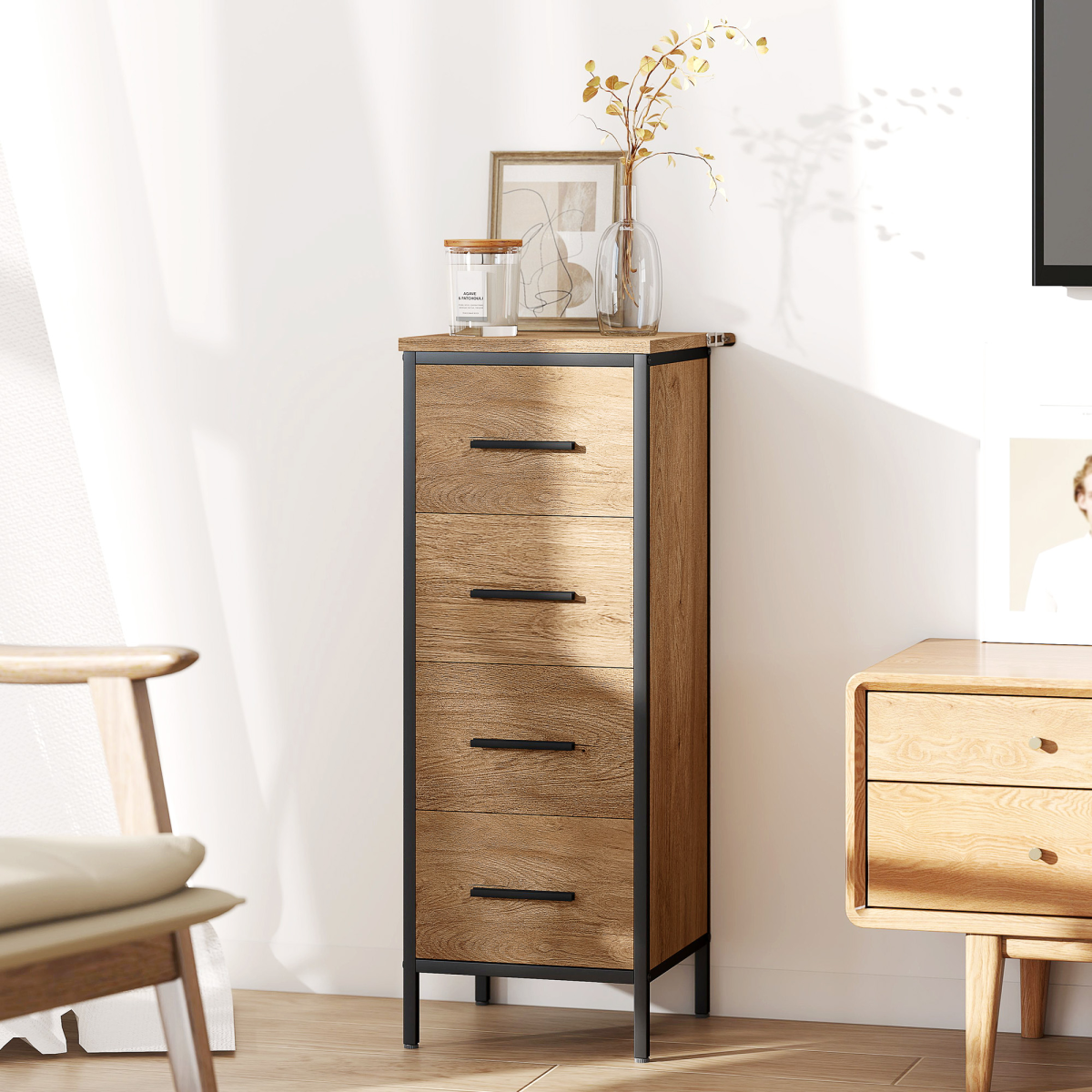 HOMCOM Narrow 4-Drawer Bathroom Storage Cabinet, Oak