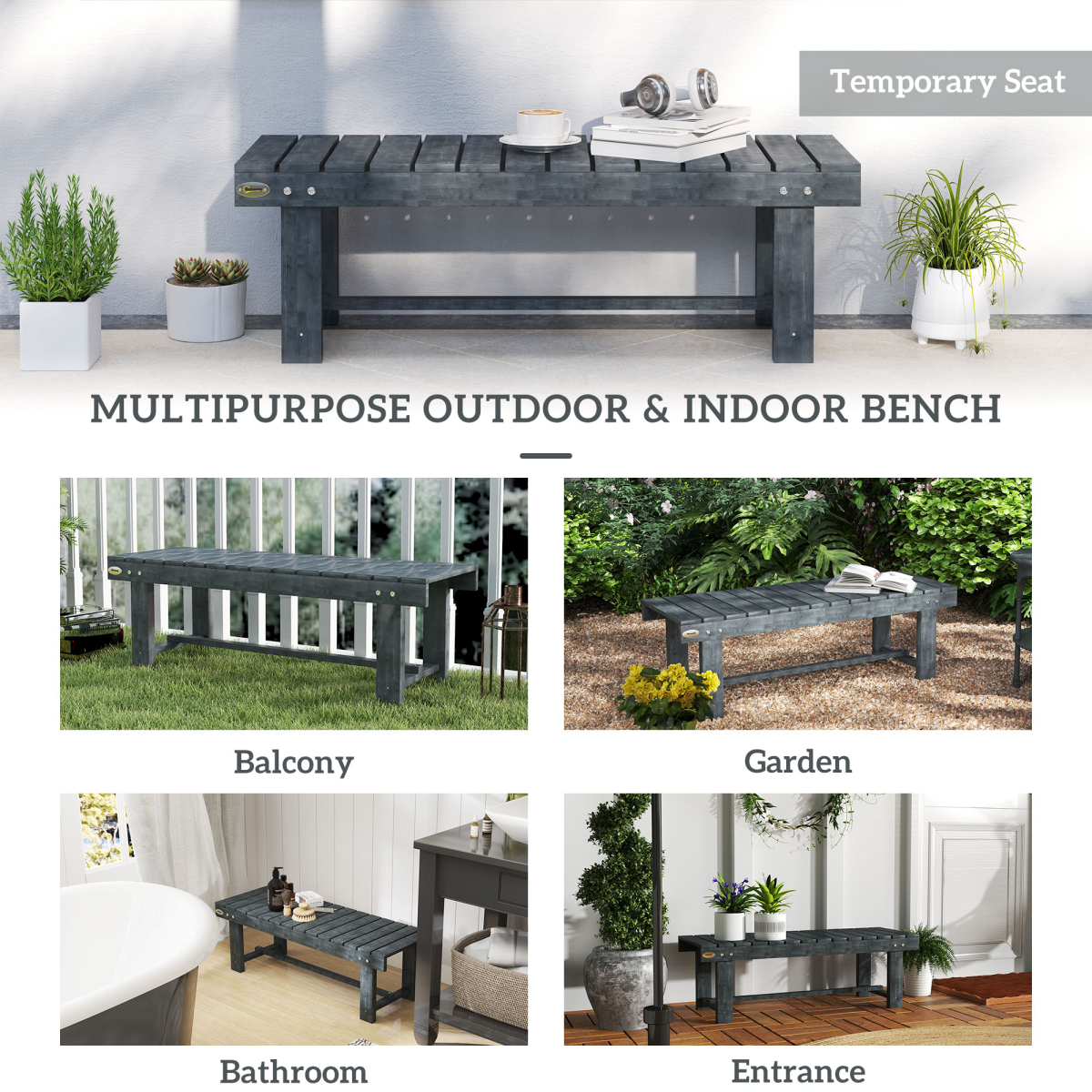 Outsunny 1.1m Grey Fir Wood 2-Seater Outdoor Garden Bench
