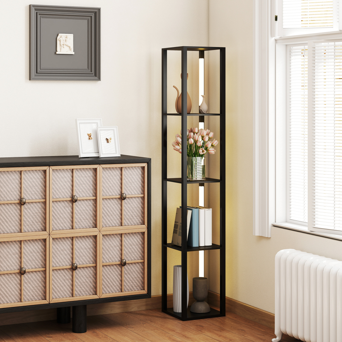 HOMCOM Black Floor Lamp with 4-Tier Shelf, Foot Switch, 3 Brightness Levels
