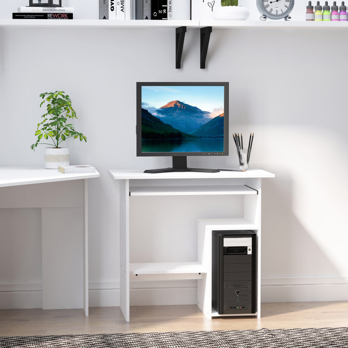 HOMCOM Computer Desk with Slide-Out Keyboard Tray, 2 Storage Shelves, White, 73.5H cm