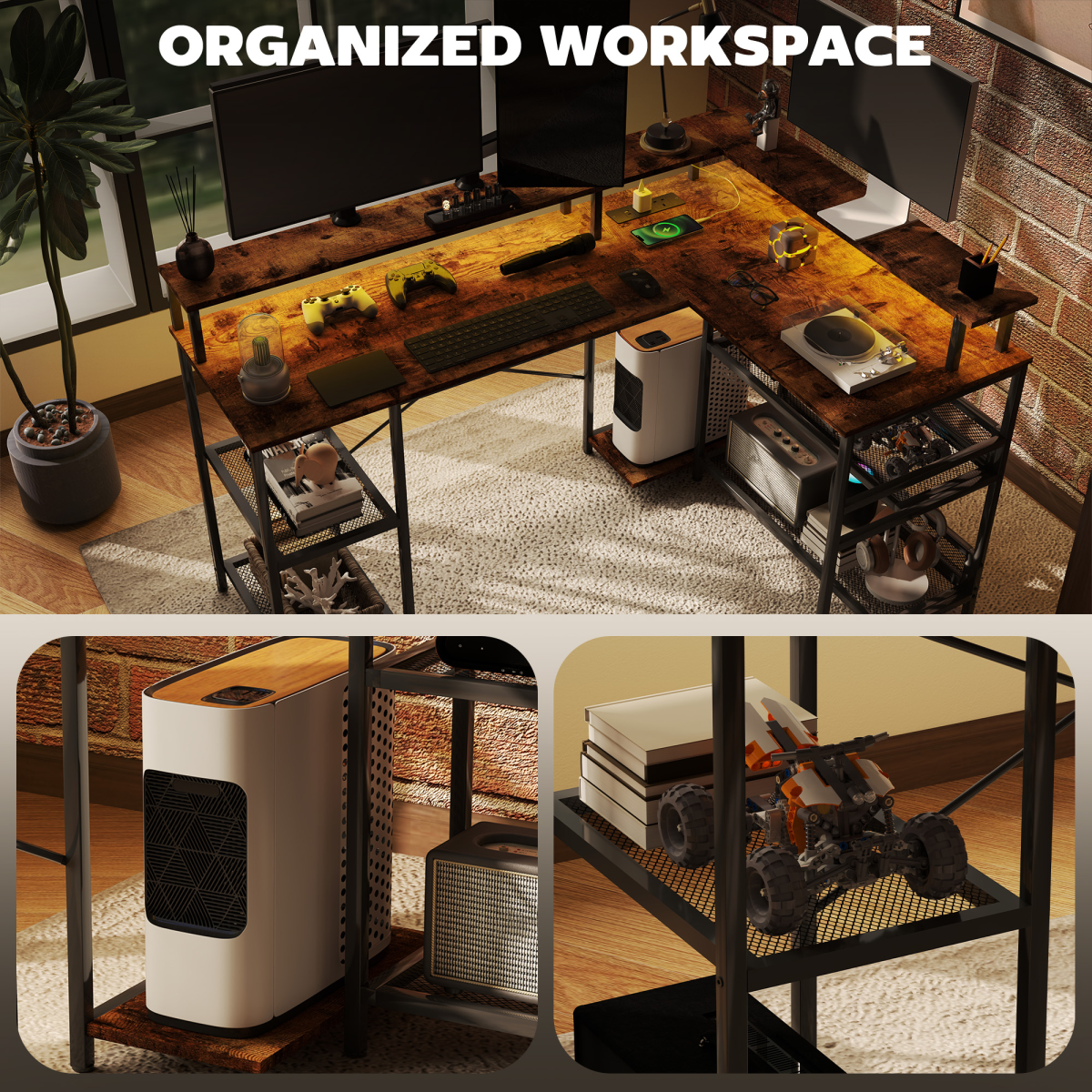 HOMCOM L-Shaped Gaming Desk with LED Lights & Power Outlets