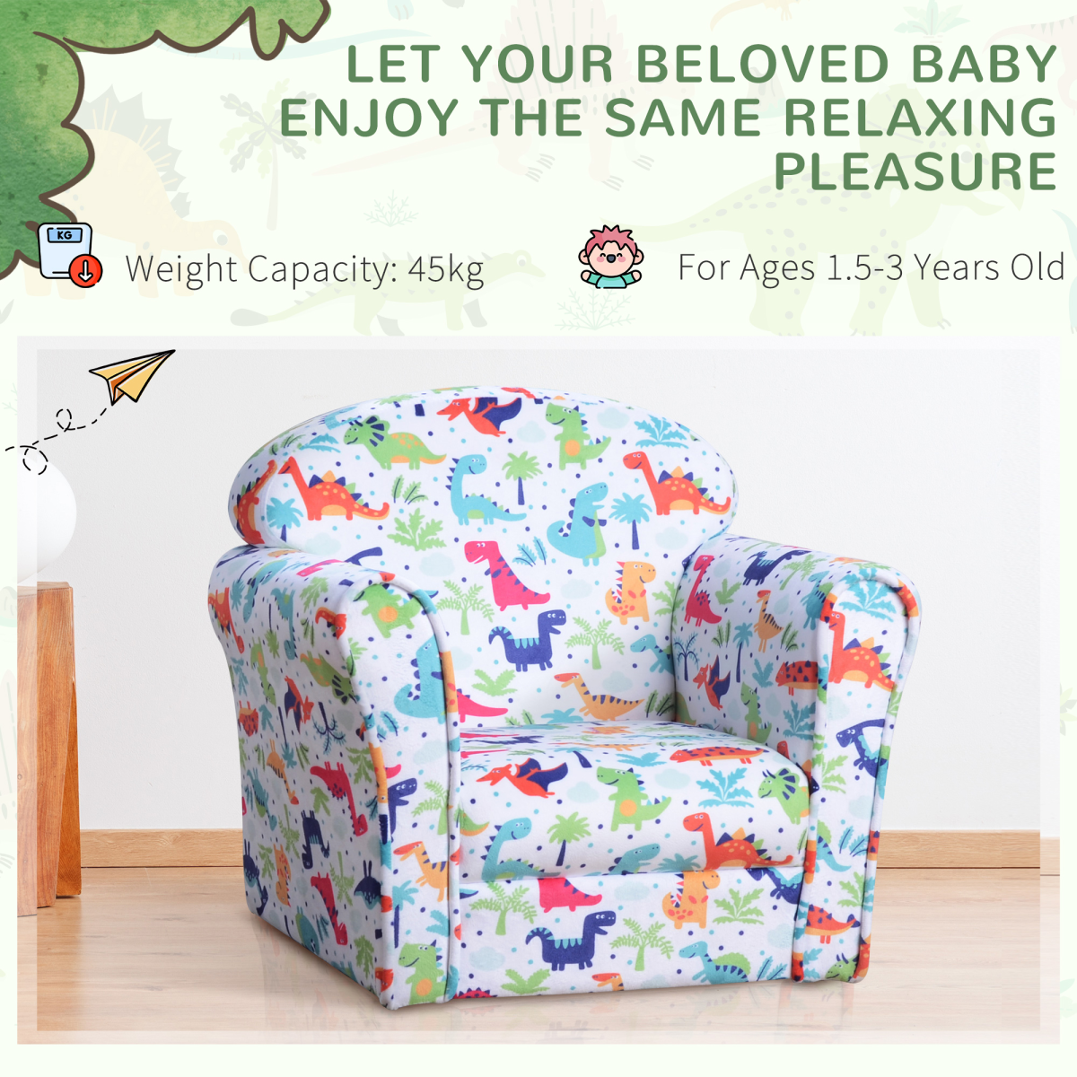 HOMCOM Kids Cartoon Dinosaur Mini Sofa Armchair, Flannel Wood