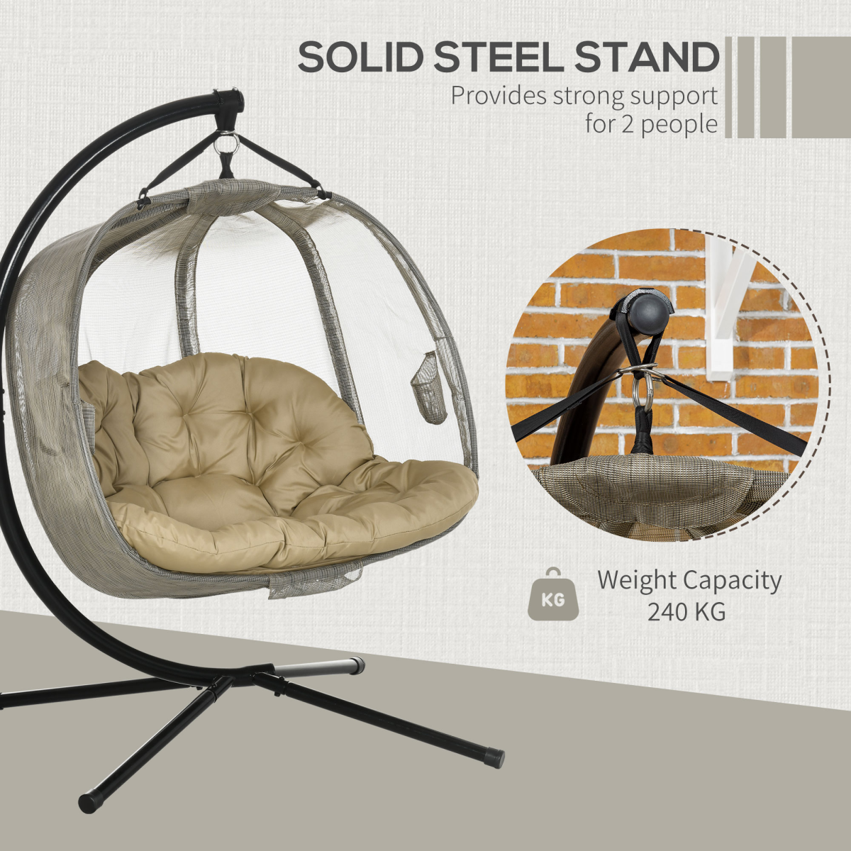 Outsunny 2-Seater Double Hanging Egg Chair with Cushion, Brown