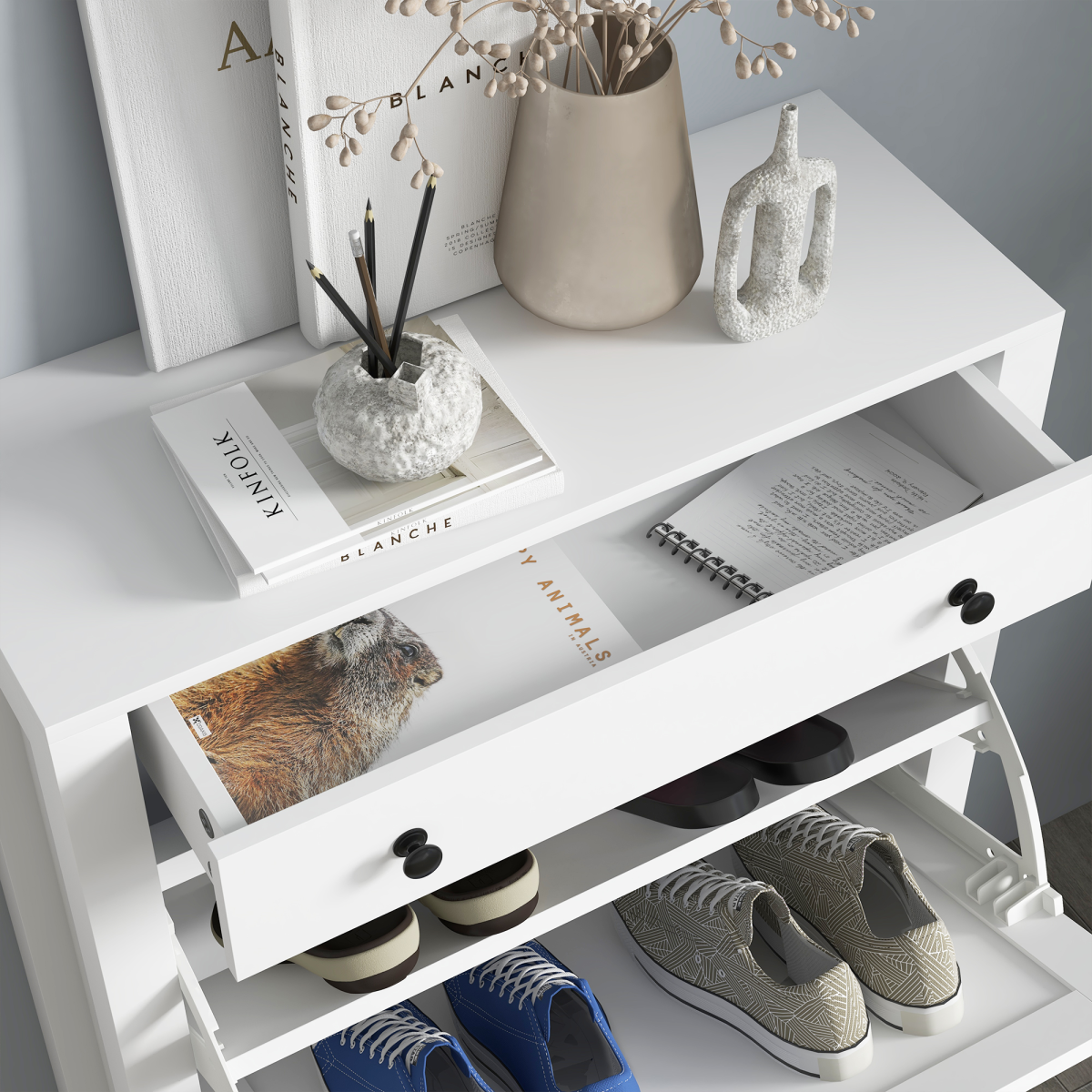 HOMCOM Narrow Shoe Cabinet, 2 Flip Drawers, Top Drawer, White