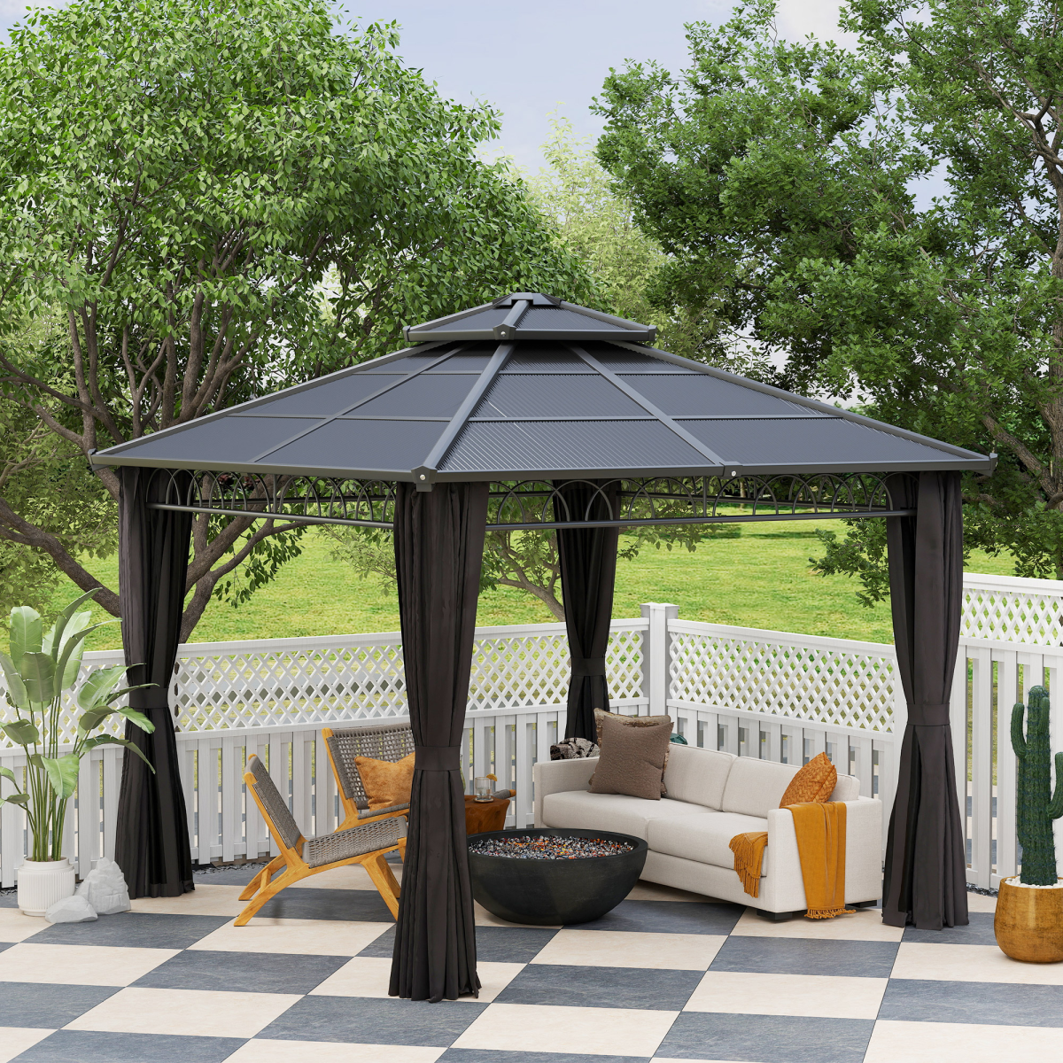 Outsunny 3 x 3 m Double Roof Hardtop Gazebo with Netting, Dark Grey