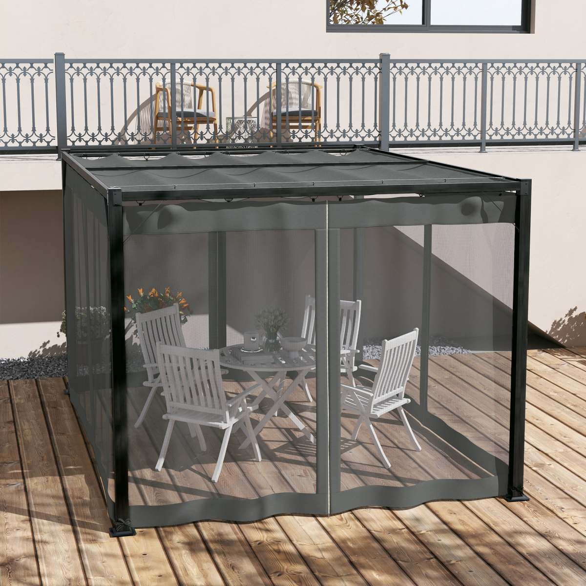Outsunny 3 x 4m Dark Grey Pergola with Retractable Roof, Net Curtains and Aluminium Frame