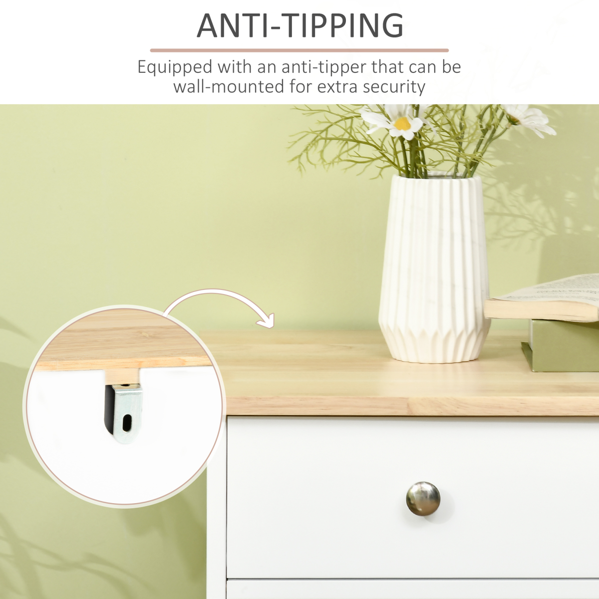 HOMCOM White Sideboard with Rubberwood Top, 3 Storage Cabinets, 3 Drawers, Adjustable Shelves