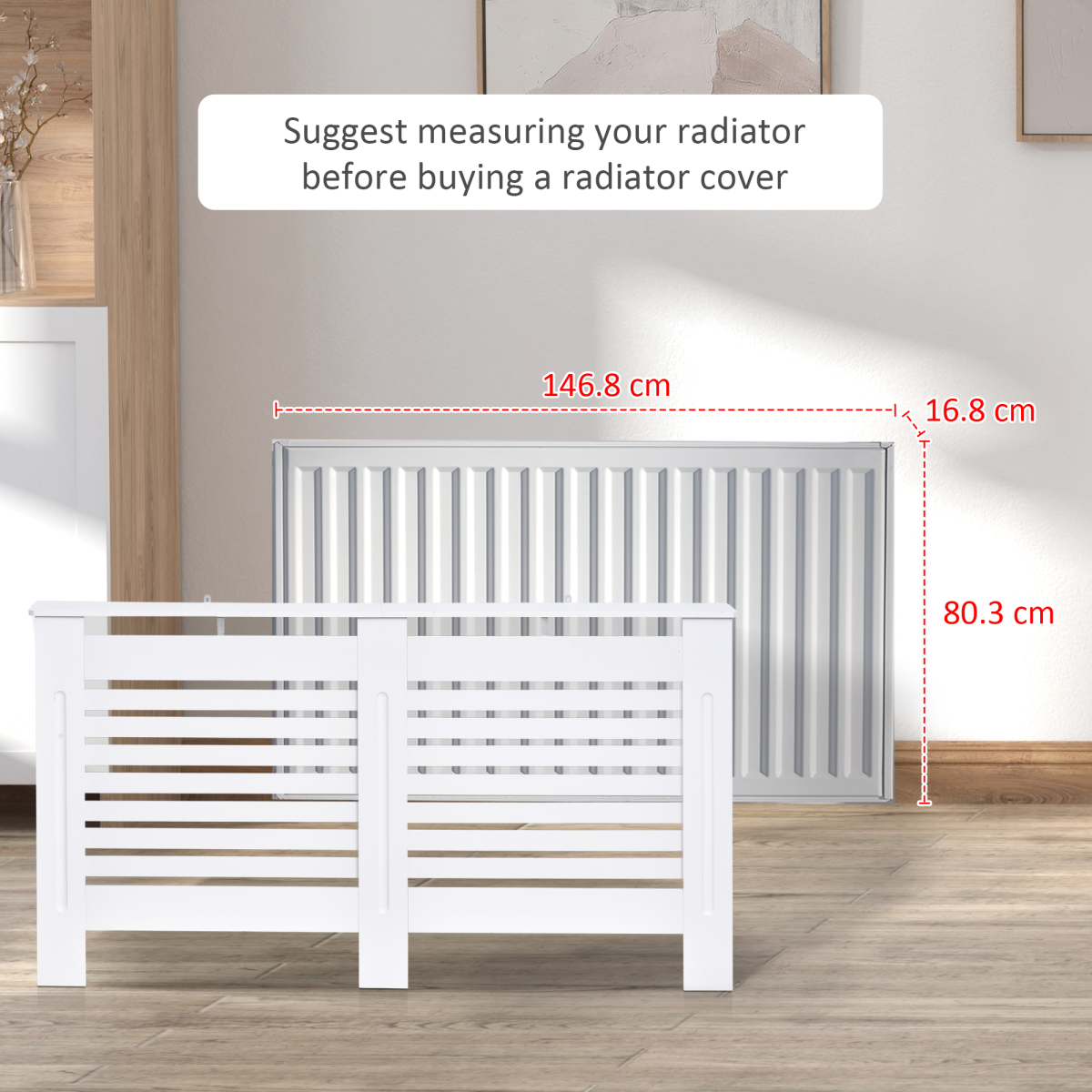 HOMCOM 152 cm White MDF Radiator Cover with Slatted Vents and Top Shelf