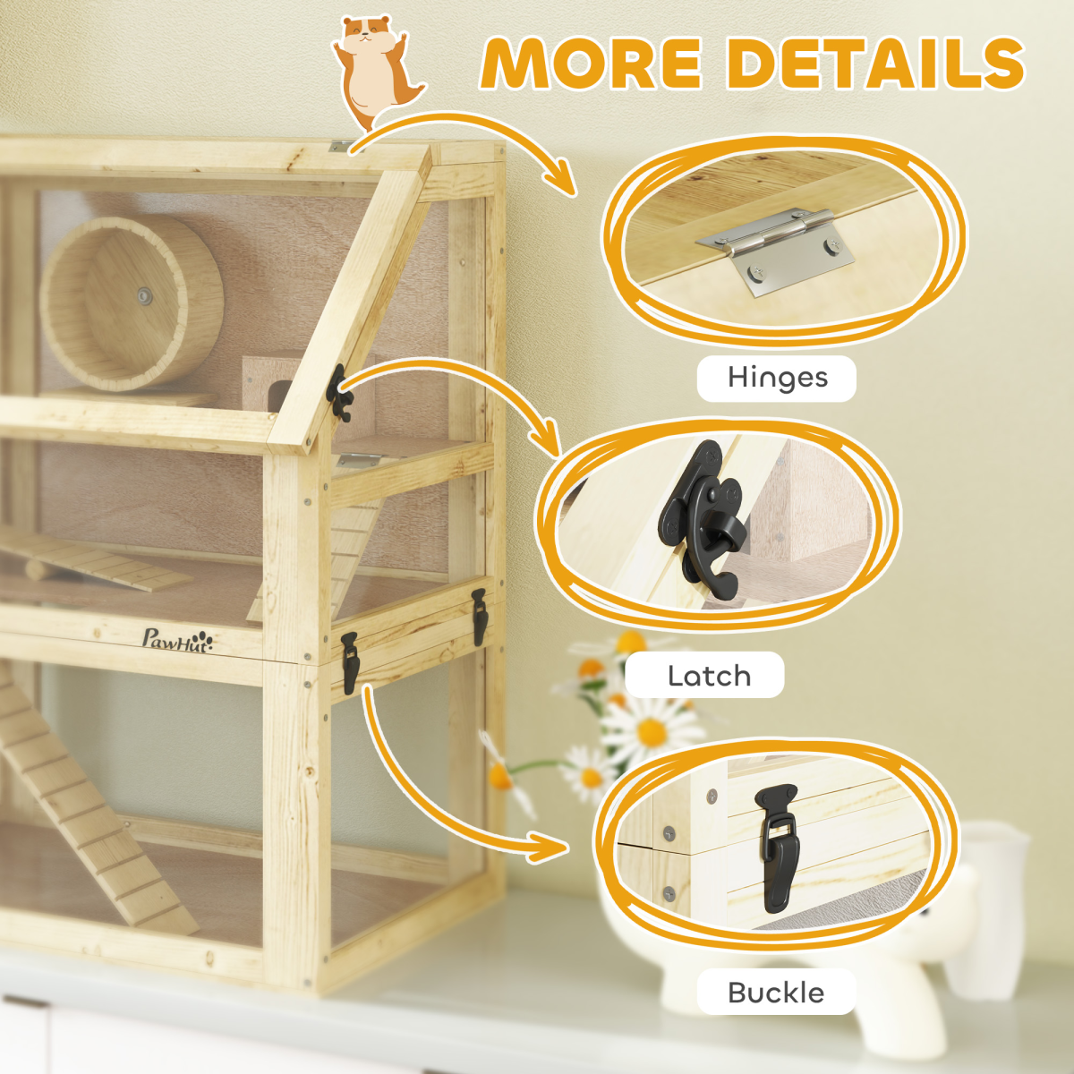 PawHut Wooden 3-Tier Hamster Cage with Detachable Bottom, Hut and Seesaw, 60 x 40 x 75cm