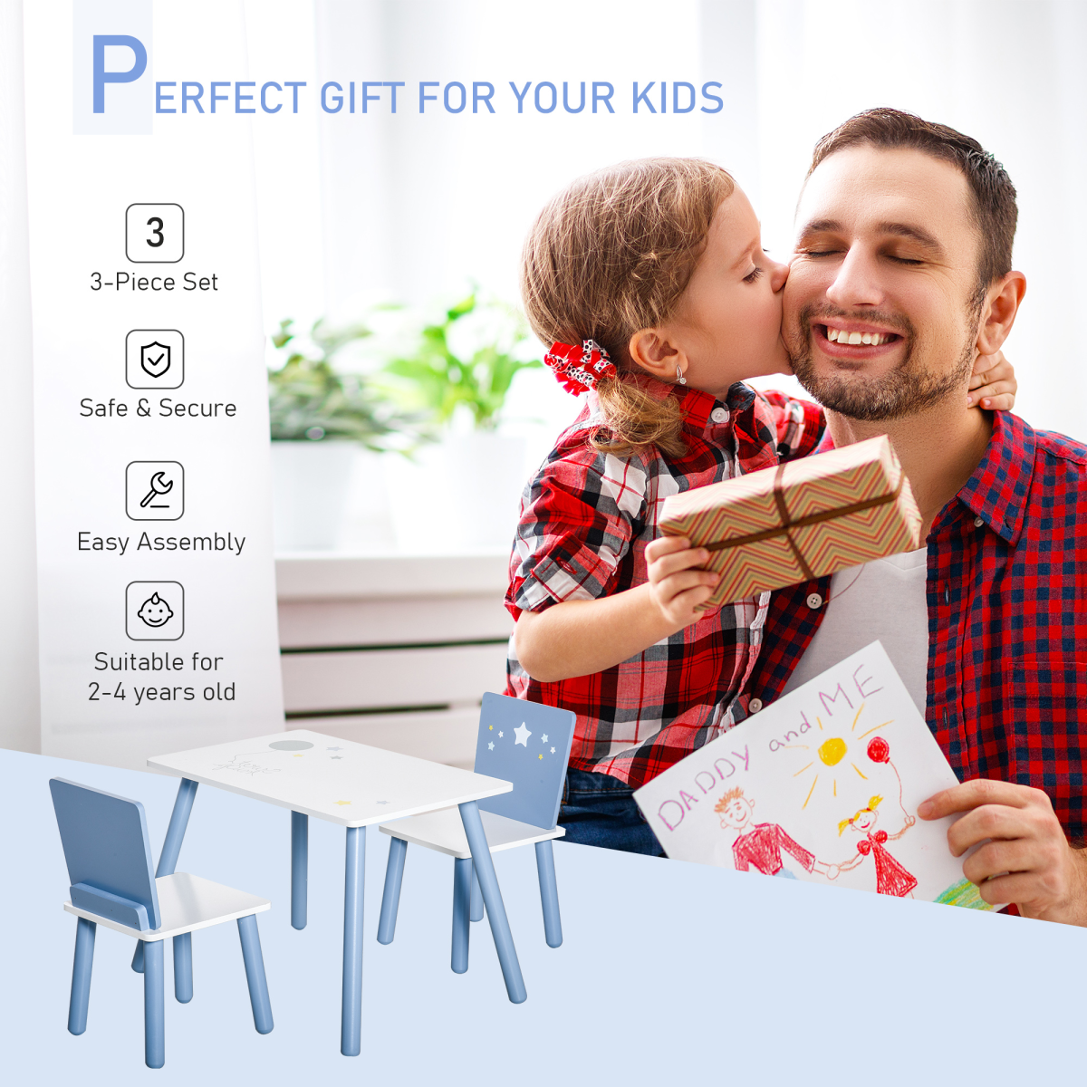 3 Piece Kids Table and 2 Chairs Set, White and Blue Stars and Balloon Design, Pine Wood Legs, Rounded Edges