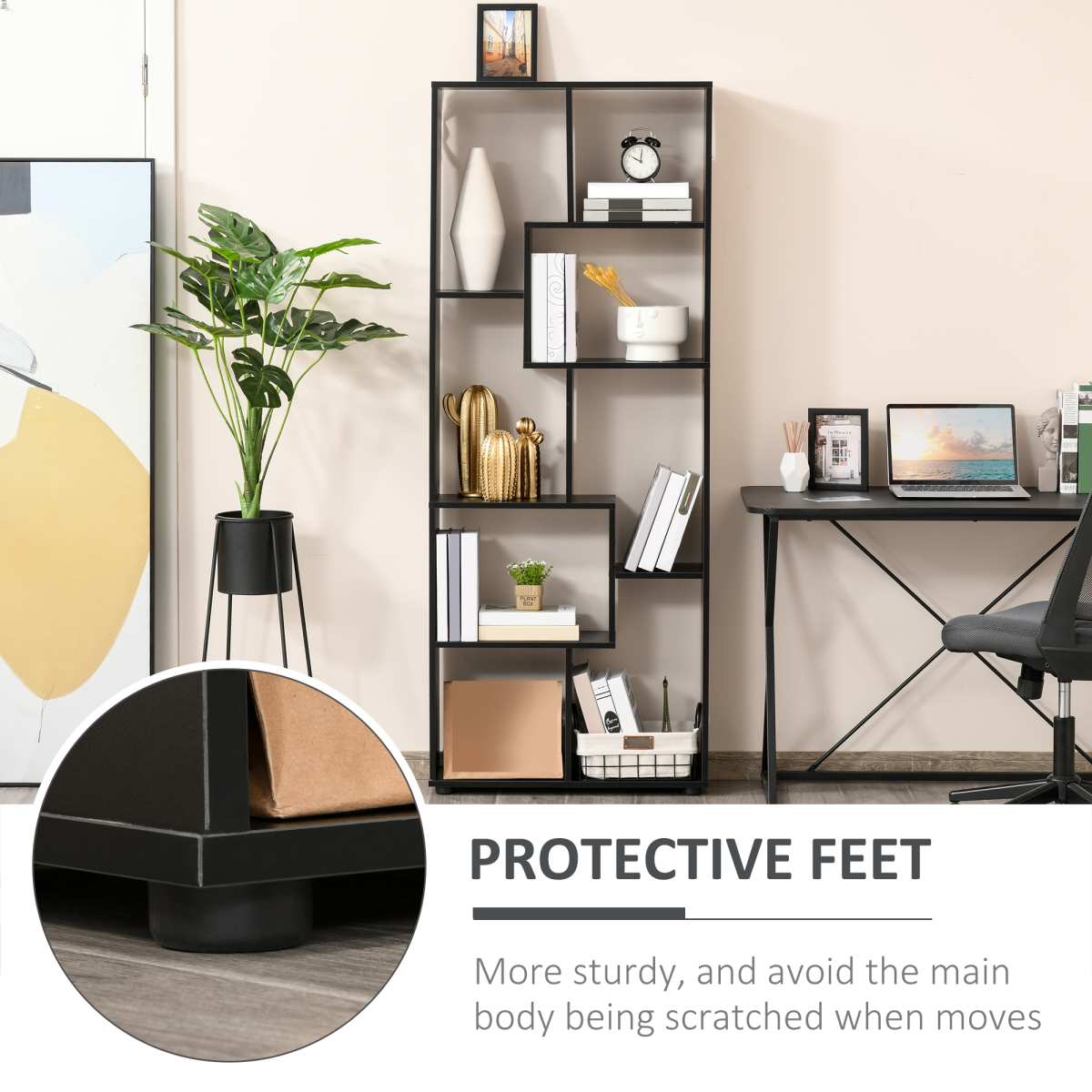 HOMCOM 178cm Black 8-Shelf Bookcase with Melamine Surface and Foot Pads, Multipurpose 8-Grid Storage