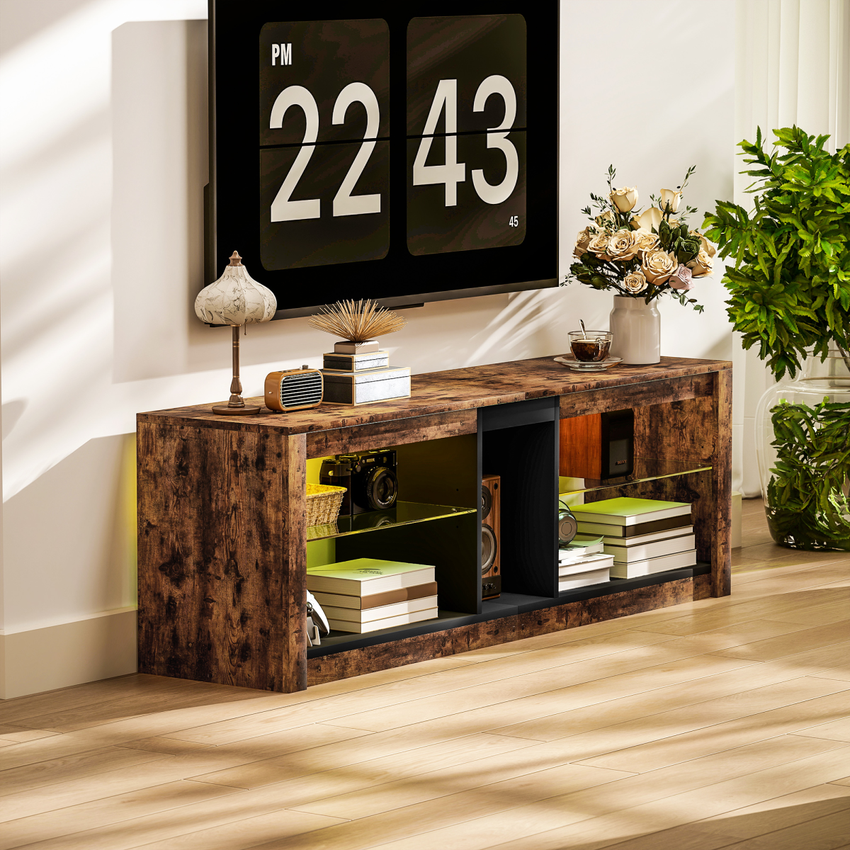 HOMCOM LED TV Stand, Rustic Brown, 140cm Entertainment Centre