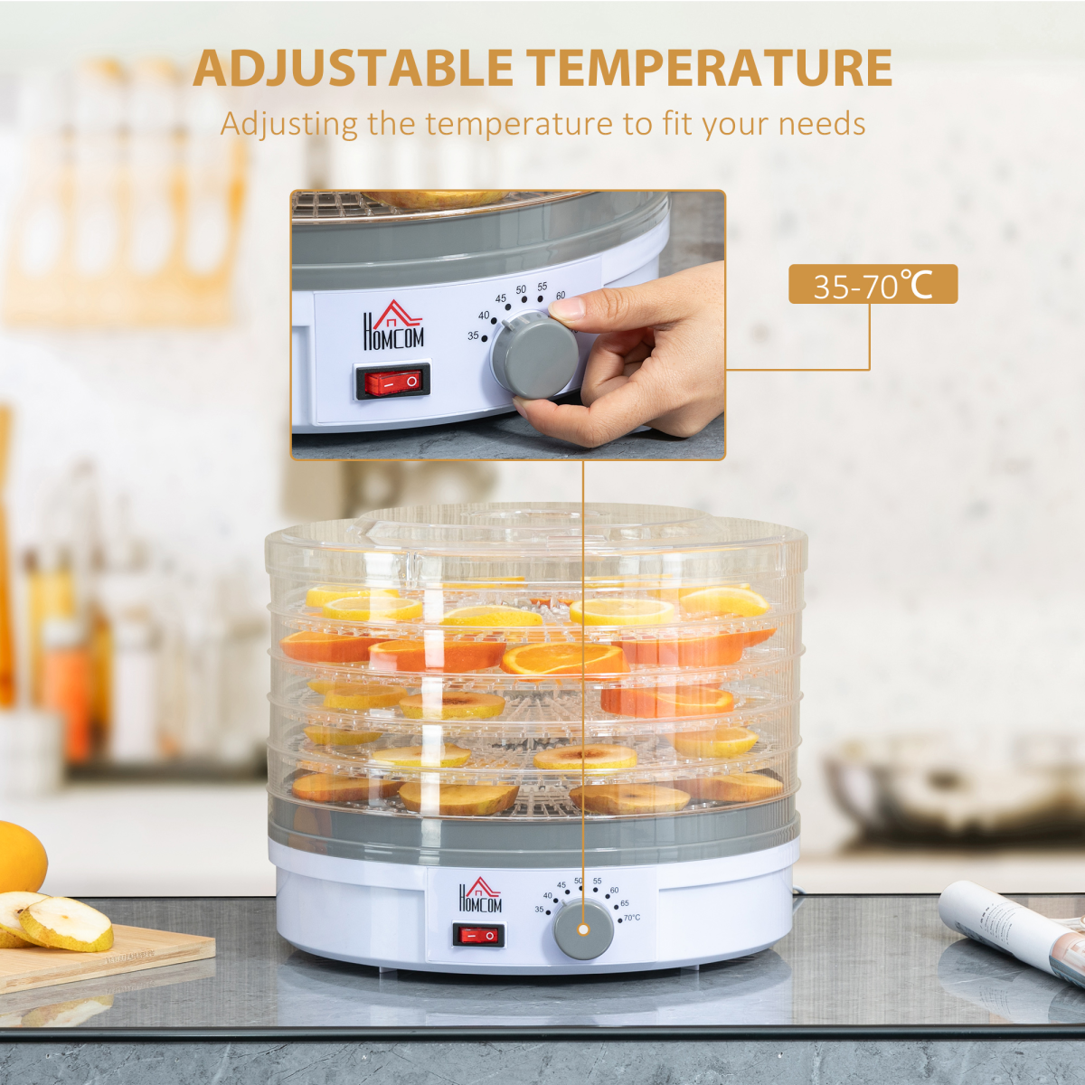 HOMCOM 5-Tier Food Dehydrator, 245W, Stainless Steel, Adjustable Temperature, Timer, White
