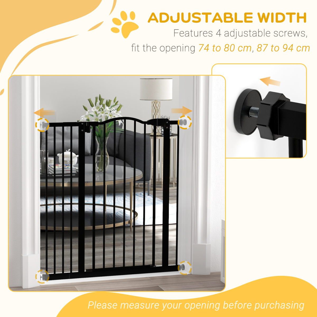 PawHut Adjustable 74-94cm Metal Pet Gate with Auto-Close Door White