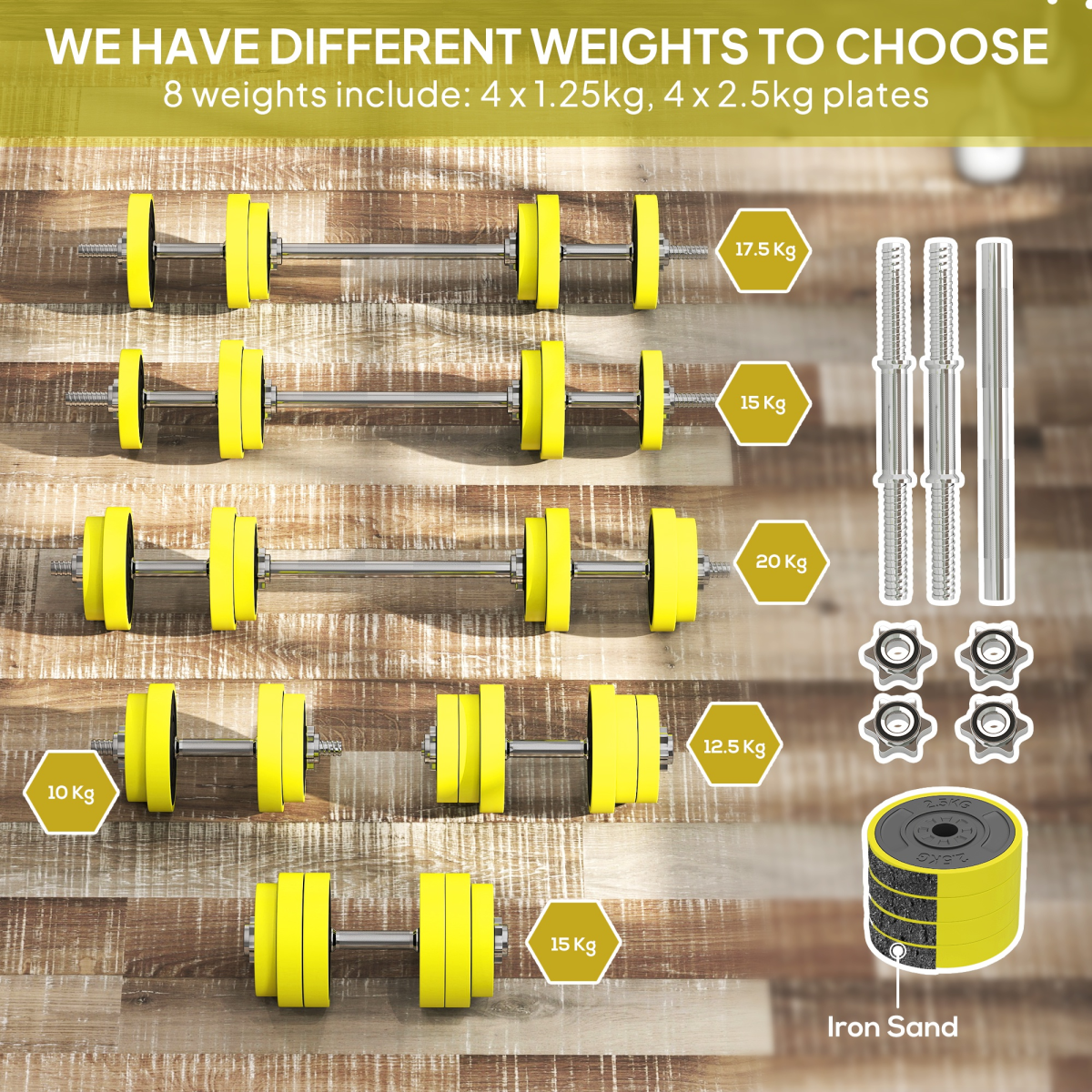 HOMCOM 20kg Adjustable 2-in-1 Dumbbell & Barbell Set, Yellow