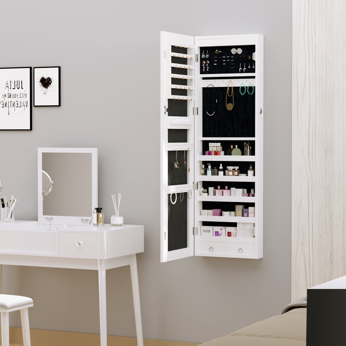 Lockable Hanging Mirrored Jewellery Cabinet with 6 LED Lights, White