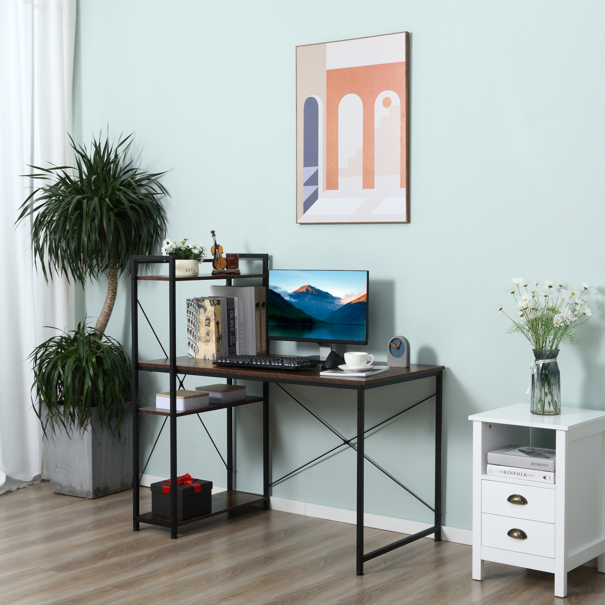 HOMCOM Computer Desk with 4-Tier Bookshelf, Home Office Study Workstation, Reversible Left or Right Shelf, Chipboard and Steel Frame